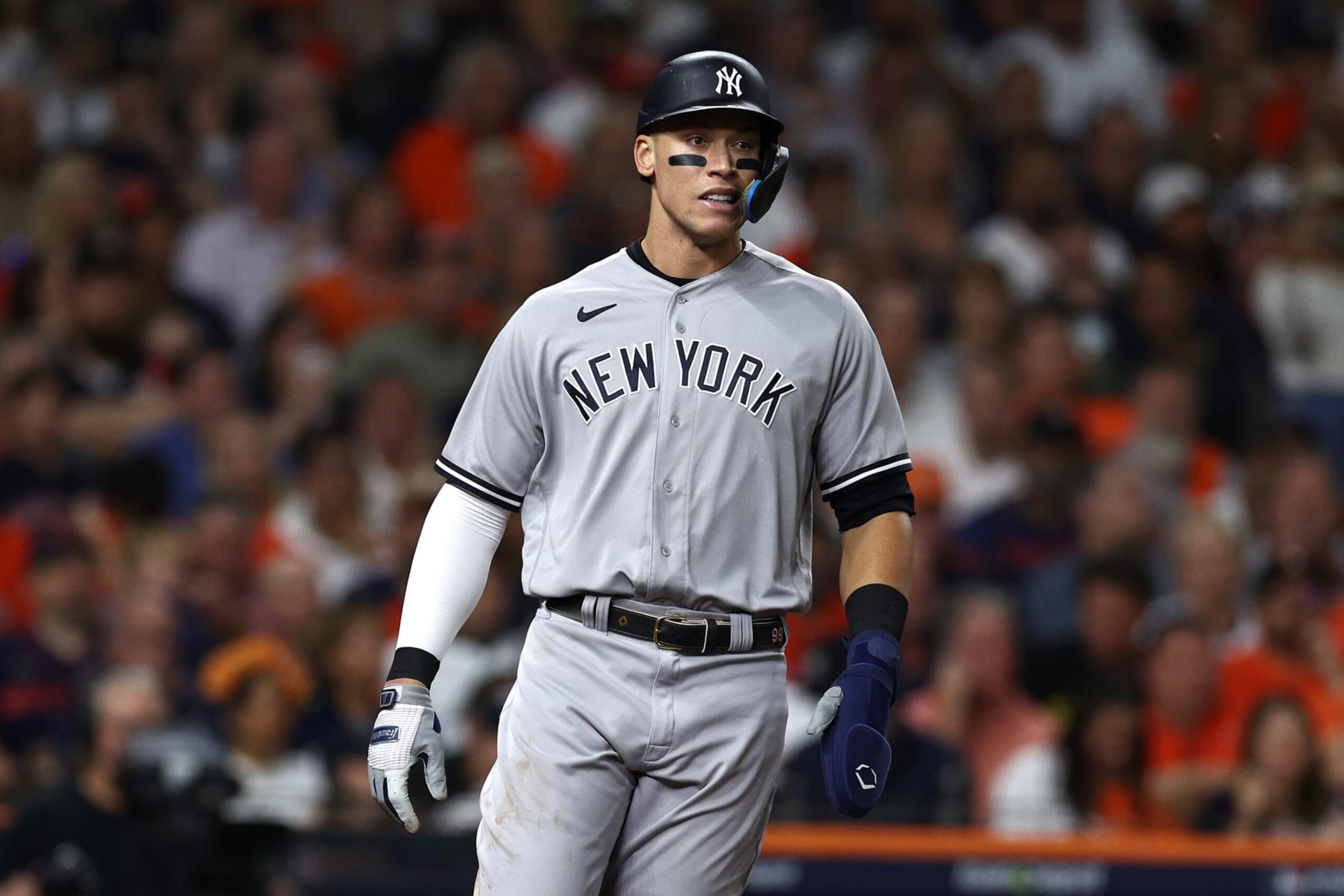 HOUSTON, TEXAS - OCTOBER 20: Aaron Judge #99 of the New York Yankees reacts after scoring a run against the Houston Astros during the fourth inning in game two of the American League Championship Series at Minute Maid Park on October 20, 2022 in Houston, Texas. (Photo by Tom Pennington/Getty Images) HOUSTON, TEXAS - OCTOBER 20: Aaron Judge #99 of the New York Yankees reacts after scoring a run against the Houston Astros during the fourth inning in game two of the American League Championship Series at Minute Maid Park on October 20, 2022 in Houston, Texas. (Photo by Tom Pennington/Getty Images)