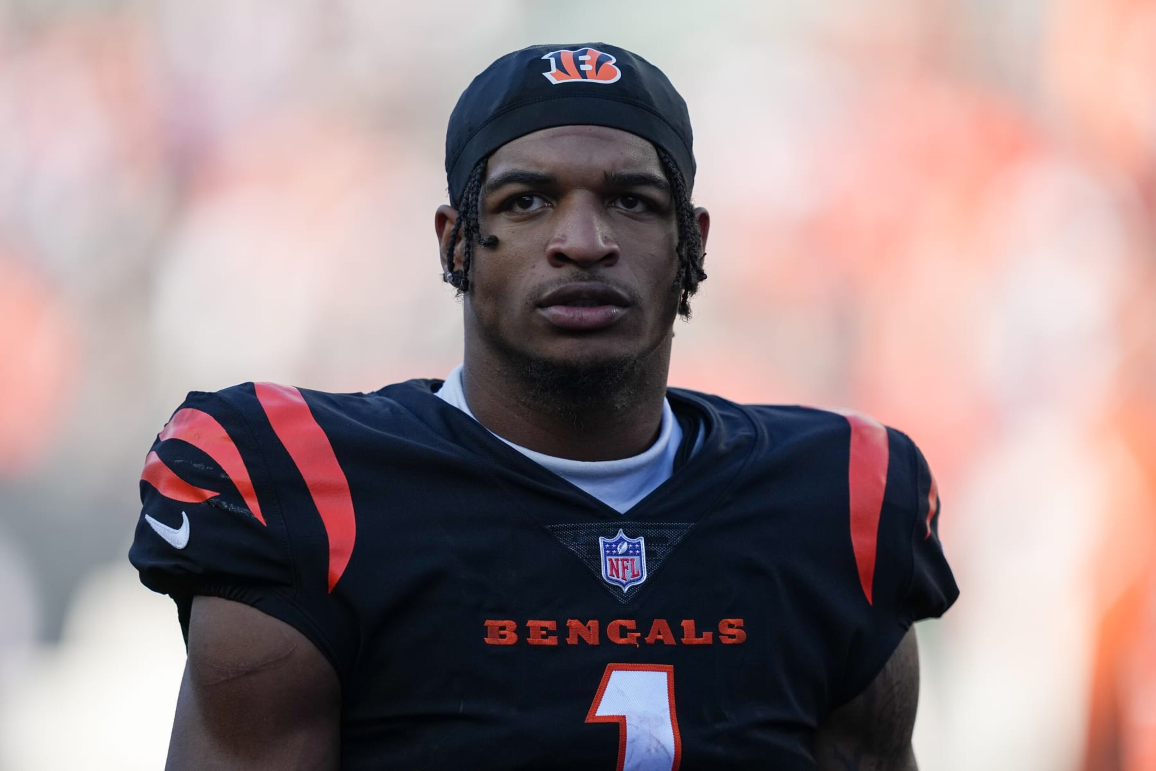 CINCINNATI, OHIO - OCTOBER 23: Ja'Marr Chase #1 of the Cincinnati Bengals walks off the field after beating the Atlanta Falcons 35-17 at Paycor Stadium on October 23, 2022 in Cincinnati, Ohio. (Photo by Dylan Buell/Getty Images)