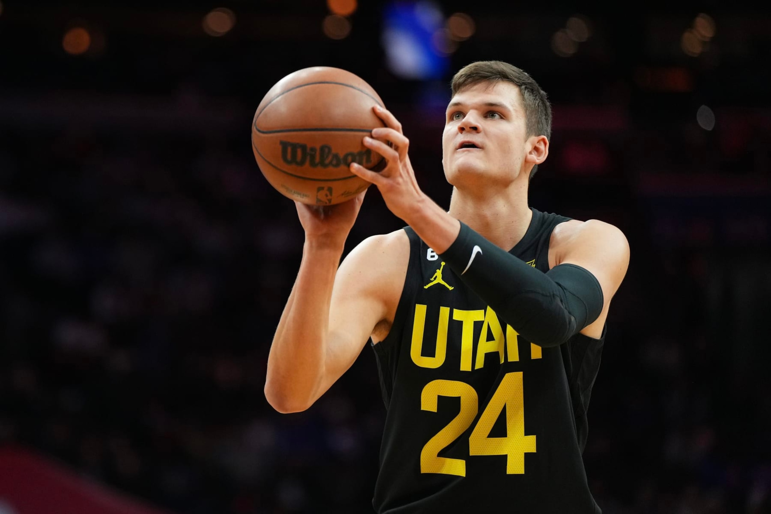 PHILADELPHIA, PA - NOVEMBER 13: Walker Kessler #24 of the Utah Jazz attempts a foul shot against the Philadelphia 76ers at the Wells Fargo Center on November 13, 2022 in Philadelphia, Pennsylvania. NOTE TO USER: User expressly acknowledges and agrees that, by downloading and or using this photograph, User is consenting to the terms and conditions of the Getty Images License Agreement. (Photo by Mitchell Leff/Getty Images)
