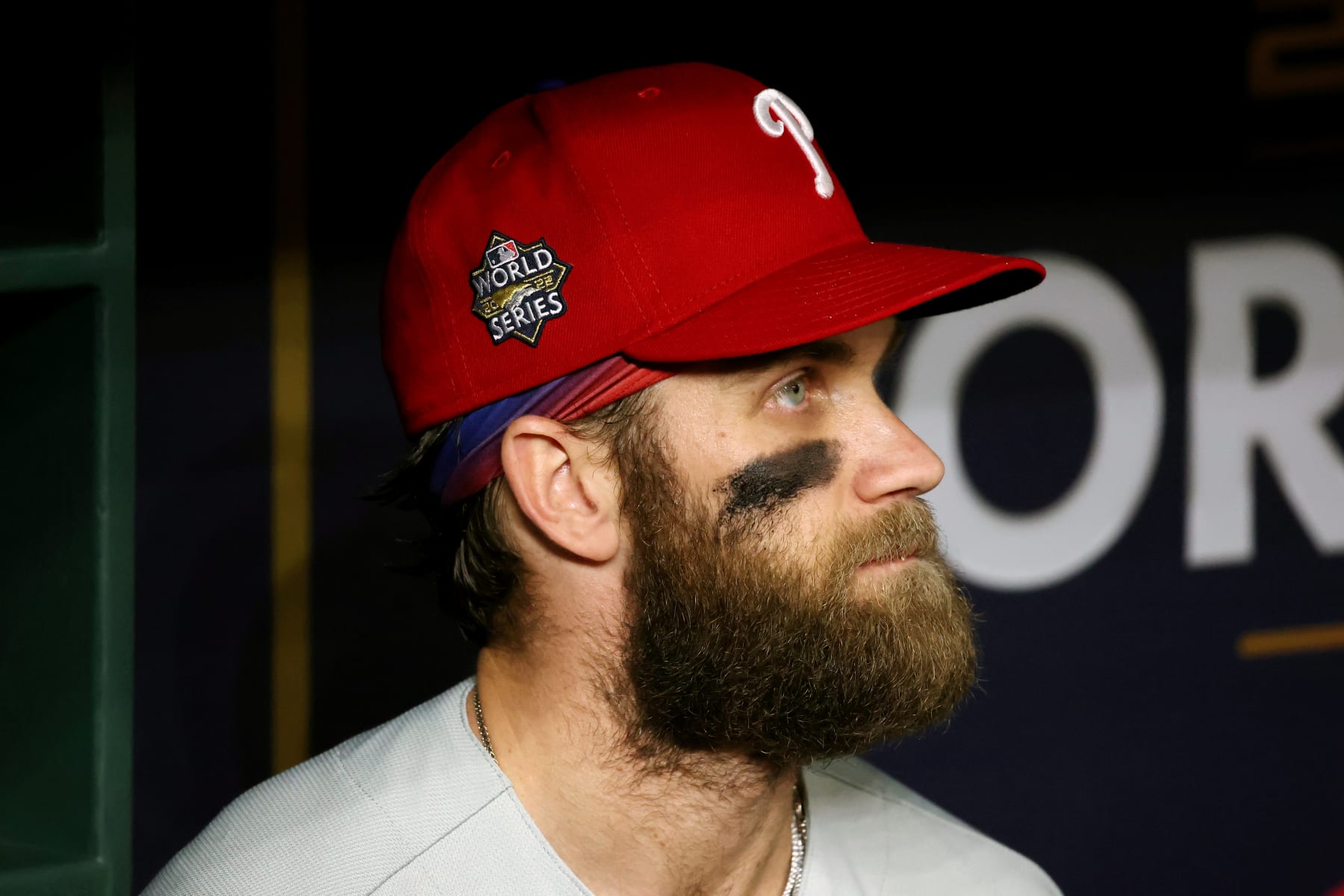 HOUSTON, TX - NOVEMBER 05:  Bryce Harper #3 of the Philadelphia Phillies looks on from the dugout prior to Game 6 of the 2022 World Series between the Philadelphia Phillies and the Houston Astros at Minute Maid Park on Saturday, November 5, 2022 in Houston, Texas. (Photo by Mary DeCicco/MLB Photos via Getty Images)