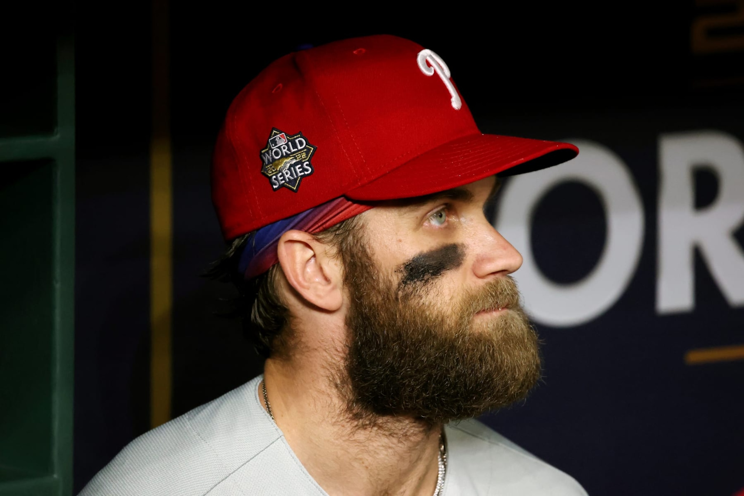 HOUSTON, TX - NOVEMBER 05:  Bryce Harper #3 of the Philadelphia Phillies looks on from the dugout prior to Game 6 of the 2022 World Series between the Philadelphia Phillies and the Houston Astros at Minute Maid Park on Saturday, November 5, 2022 in Houston, Texas. (Photo by Mary DeCicco/MLB Photos via Getty Images)