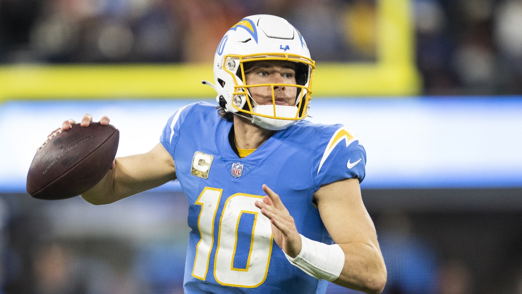 Los Angeles Chargers quarterback Justin Herbert (10) throws a pass during an NFL football game against the Kansas City Chiefs Sunday, Nov. 20, 2022, in Inglewood, Calif. (AP Photo/Kyusung Gong)