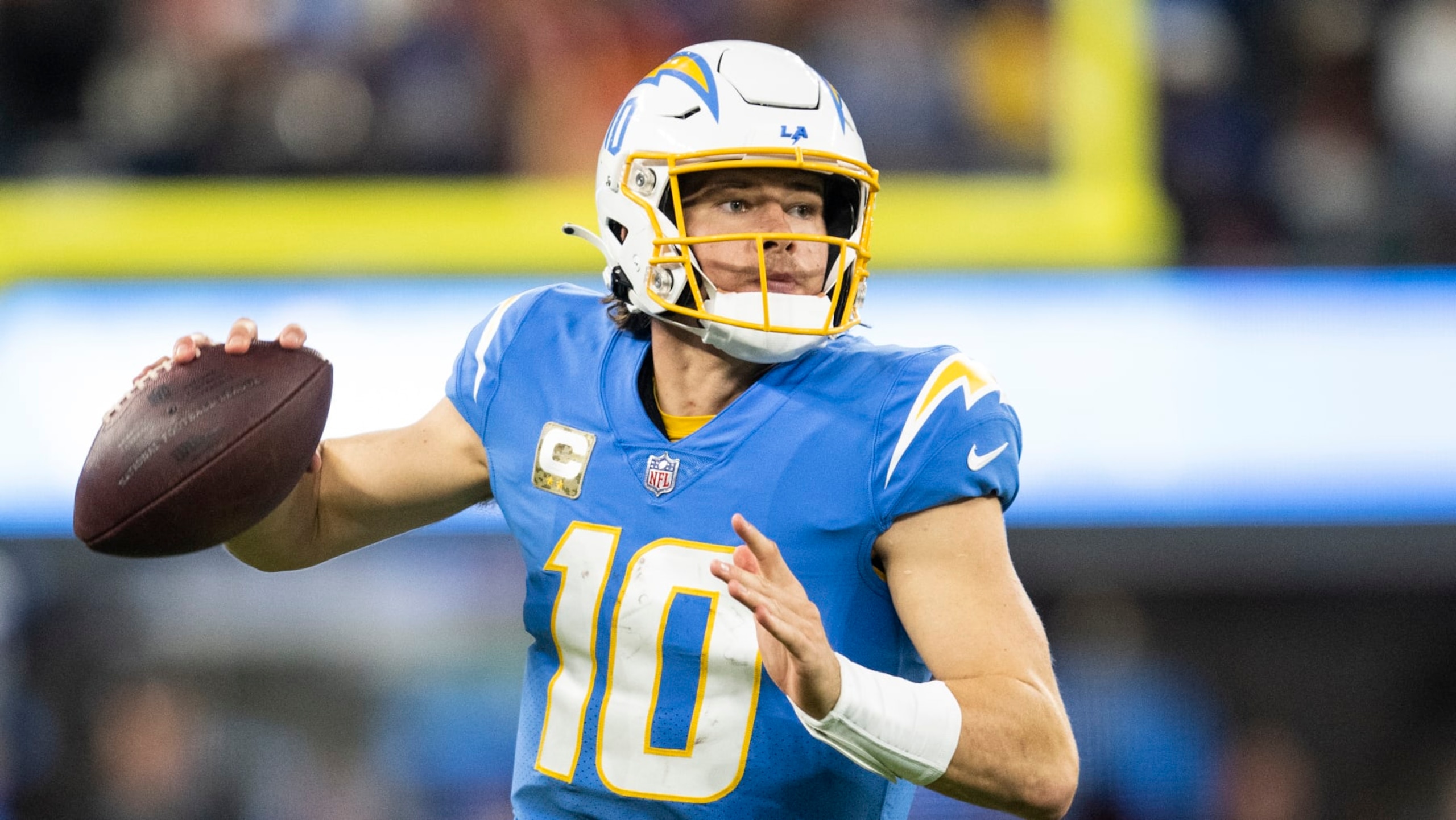 Los Angeles Chargers quarterback Justin Herbert (10) throws a pass during an NFL football game against the Kansas City Chiefs Sunday, Nov. 20, 2022, in Inglewood, Calif. (AP Photo/Kyusung Gong) Los Angeles Chargers quarterback Justin Herbert (10) throws a pass during an NFL football game against the Kansas City Chiefs Sunday, Nov. 20, 2022, in Inglewood, Calif. (AP Photo/Kyusung Gong)