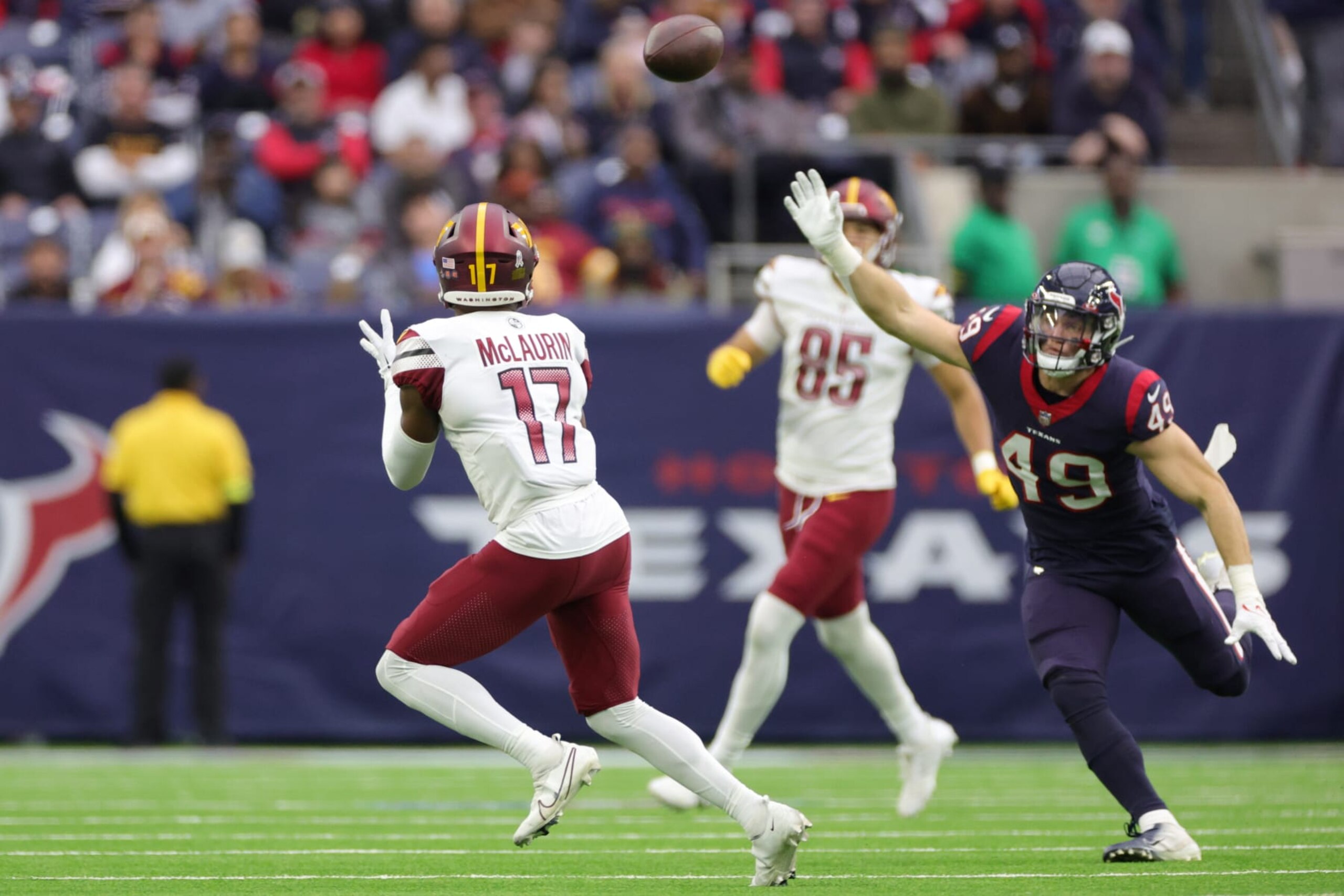 HOUSTON, TEXAS - NOVEMBER 20: Terry McLaurin #17 of the Washington Commanders looks to make a catch in the second quarter as Jake Hansen #49 of the Houston Texans defends at NRG Stadium on November 20, 2022 in Houston, Texas. (Photo by Carmen Mandato/Getty Images) HOUSTON, TEXAS - NOVEMBER 20: Terry McLaurin #17 of the Washington Commanders looks to make a catch in the second quarter as Jake Hansen #49 of the Houston Texans defends at NRG Stadium on November 20, 2022 in Houston, Texas. (Photo by Carmen Mandato/Getty Images)