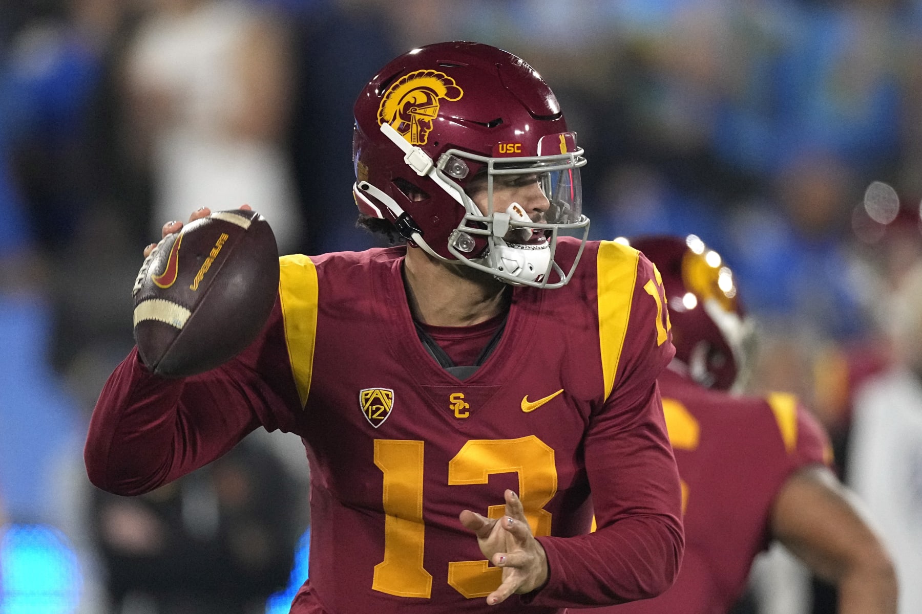 Southern California quarterback Caleb Williams passes during the first half of an NCAA college football game against UCLA Saturday, Nov. 19, 2022, in Pasadena, Calif. (AP Photo/Mark J. Terrill)