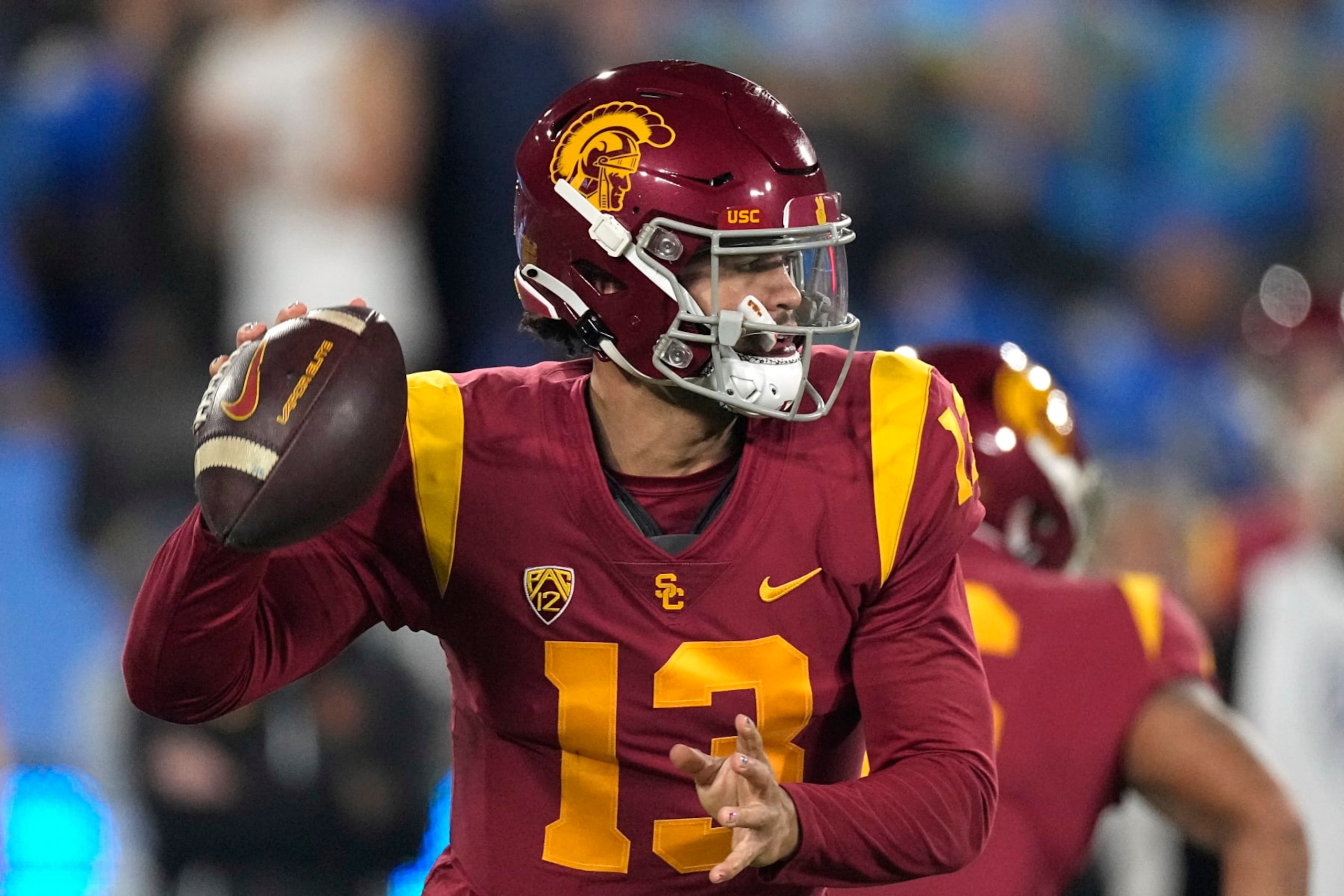 Southern California quarterback Caleb Williams passes during the first half of an NCAA college football game against UCLA Saturday, Nov. 19, 2022, in Pasadena, Calif. (AP Photo/Mark J. Terrill)