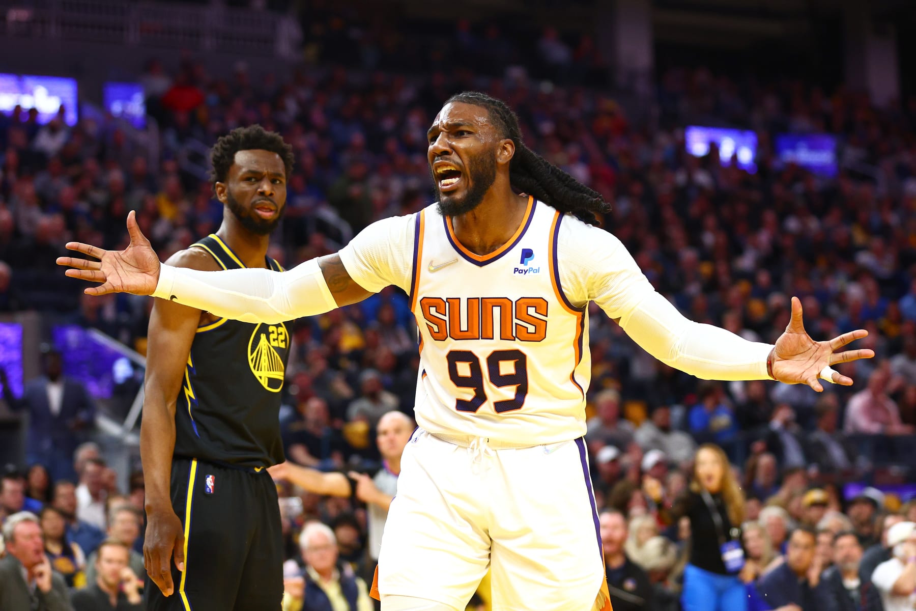 SAN FRANCISCO, CALIFORNIA - MARCH 30:  Jae Crowder #99 of the Phoenix Suns argues a call during their game against the Golden State Warriors in the first half at Chase Center on March 30, 2022 in San Francisco, California. NOTE TO USER: User expressly acknowledges and agrees that, by downloading and/or using this photograph, User is consenting to the terms and conditions of the Getty Images License Agreement.  (Photo by Ezra Shaw/Getty Images)