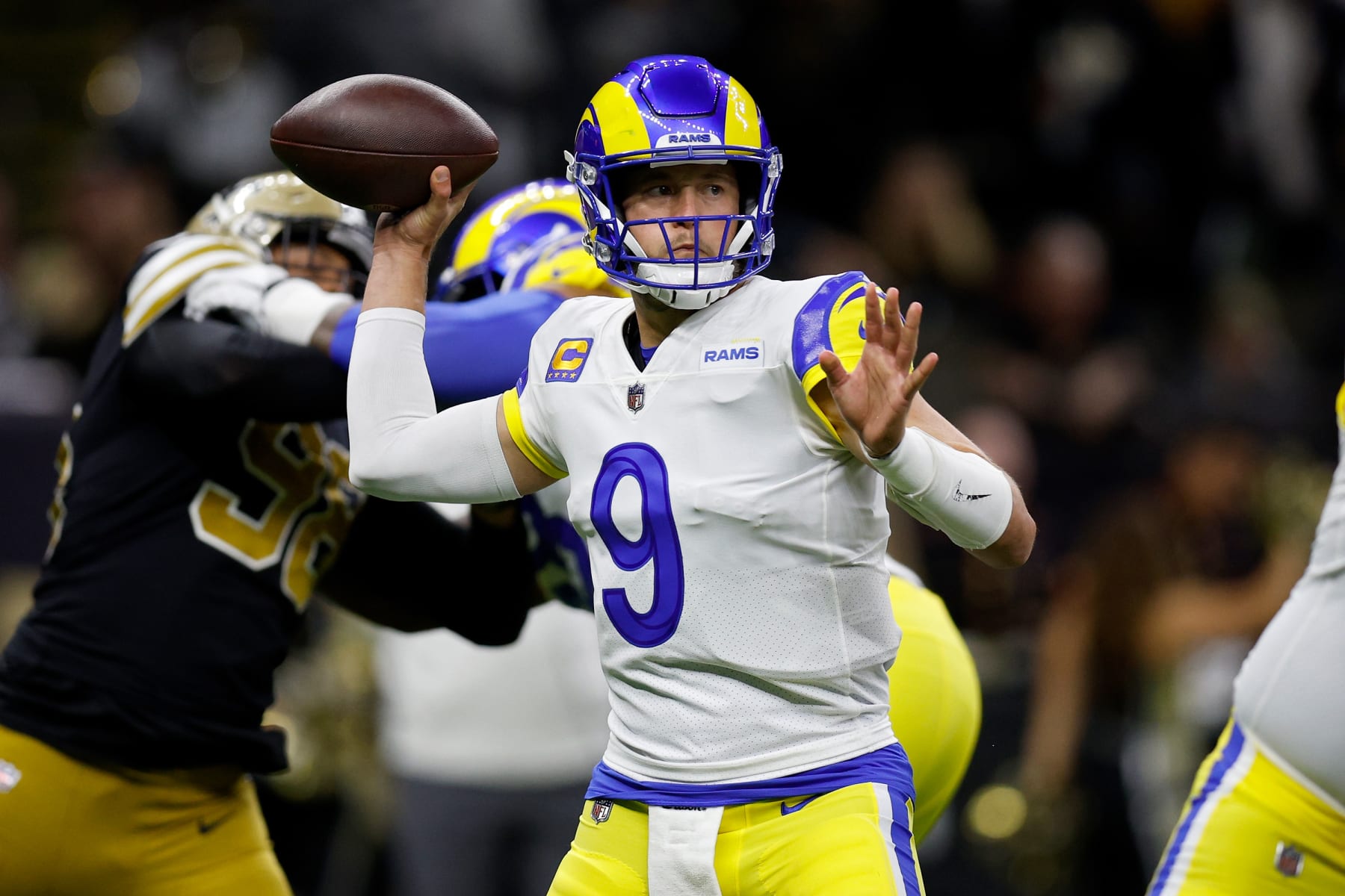 NEW ORLEANS, LOUISIANA - NOVEMBER 20: Matthew Stafford #9 of the Los Angeles Rams throws a pass against the New Orleans Saints during the first half at Caesars Superdome on November 20, 2022 in New Orleans, Louisiana. (Photo by Sean Gardner/Getty Images)