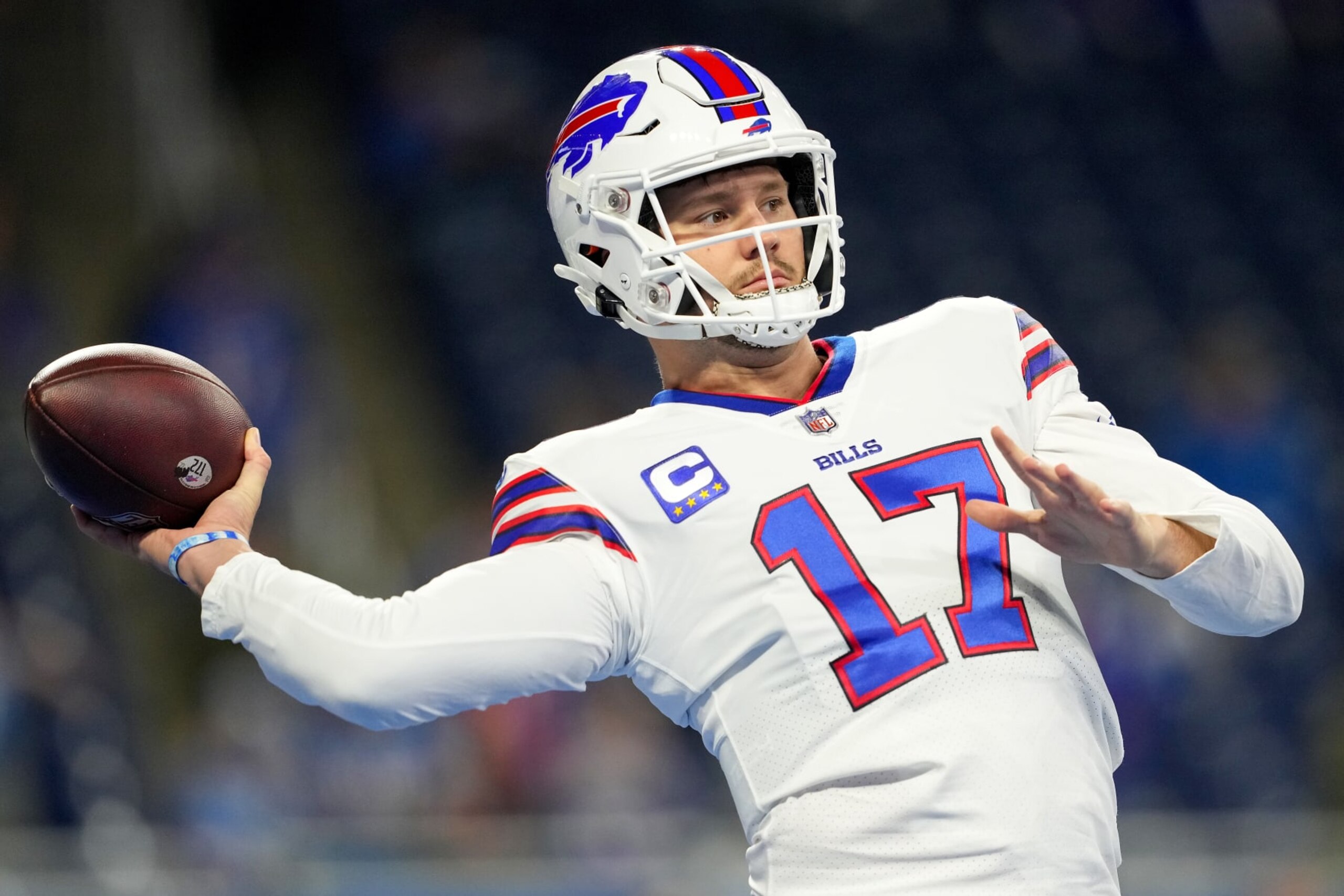 DETROIT, MICHIGAN - NOVEMBER 24: Josh Allen #17 of the Buffalo Bills warms up prior to a game against the Detroit Lions at Ford Field on November 24, 2022 in Detroit, Michigan. (Photo by Nic Antaya/Getty Images)