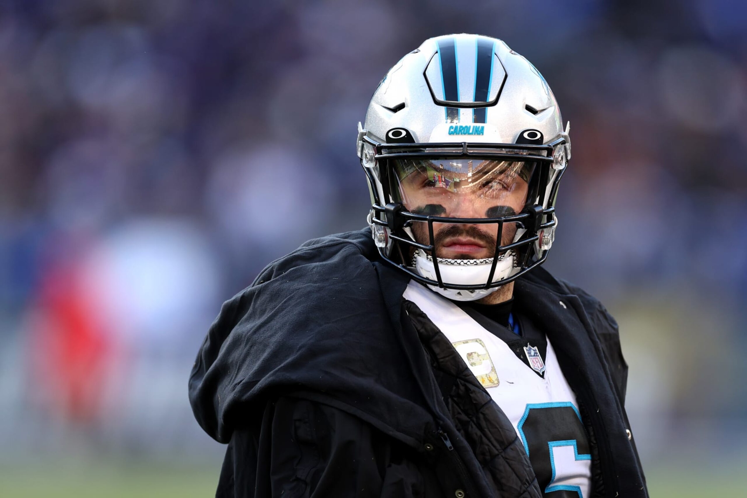 BALTIMORE, MARYLAND - NOVEMBER 20: Quarterback Baker Mayfield #6 of the Carolina Panthers looks on against the Baltimore Ravens at M&T Bank Stadium on November 20, 2022 in Baltimore, Maryland. (Photo by Rob Carr/Getty Images)