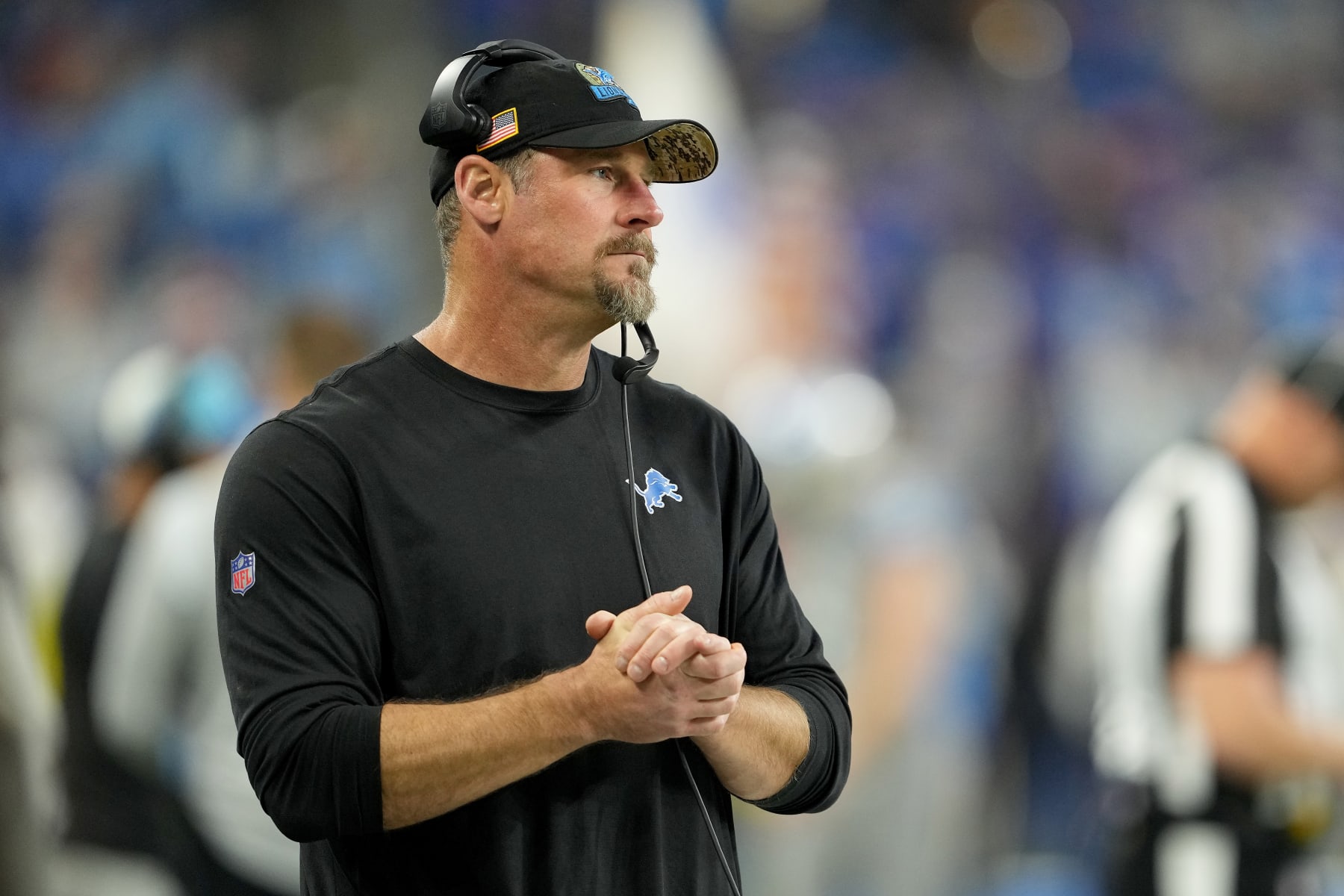 DETROIT, MICHIGAN - NOVEMBER 24: Head coach Dan Campbell of the Detroit Lions looks on during the first half against the Buffalo Bills at Ford Field on November 24, 2022 in Detroit, Michigan. (Photo by Nic Antaya/Getty Images)