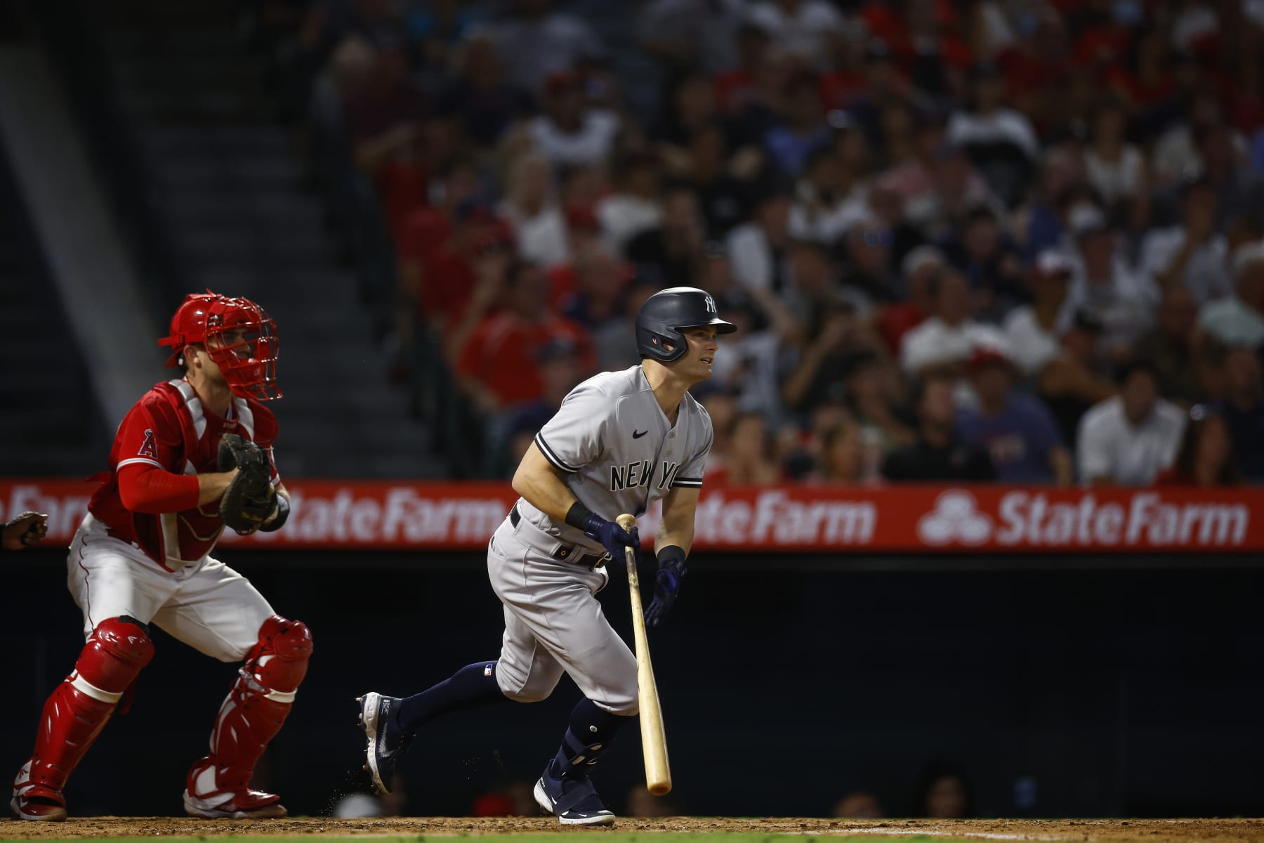 ANAHEIM, CALIFORNIA - AUGUST 30:  Andrew Benintendi #18 of the New York Yankees in the fourth inning at Angel Stadium of Anaheim on August 30, 2022 in Anaheim, California. (Photo by Ronald Martinez/Getty Images)