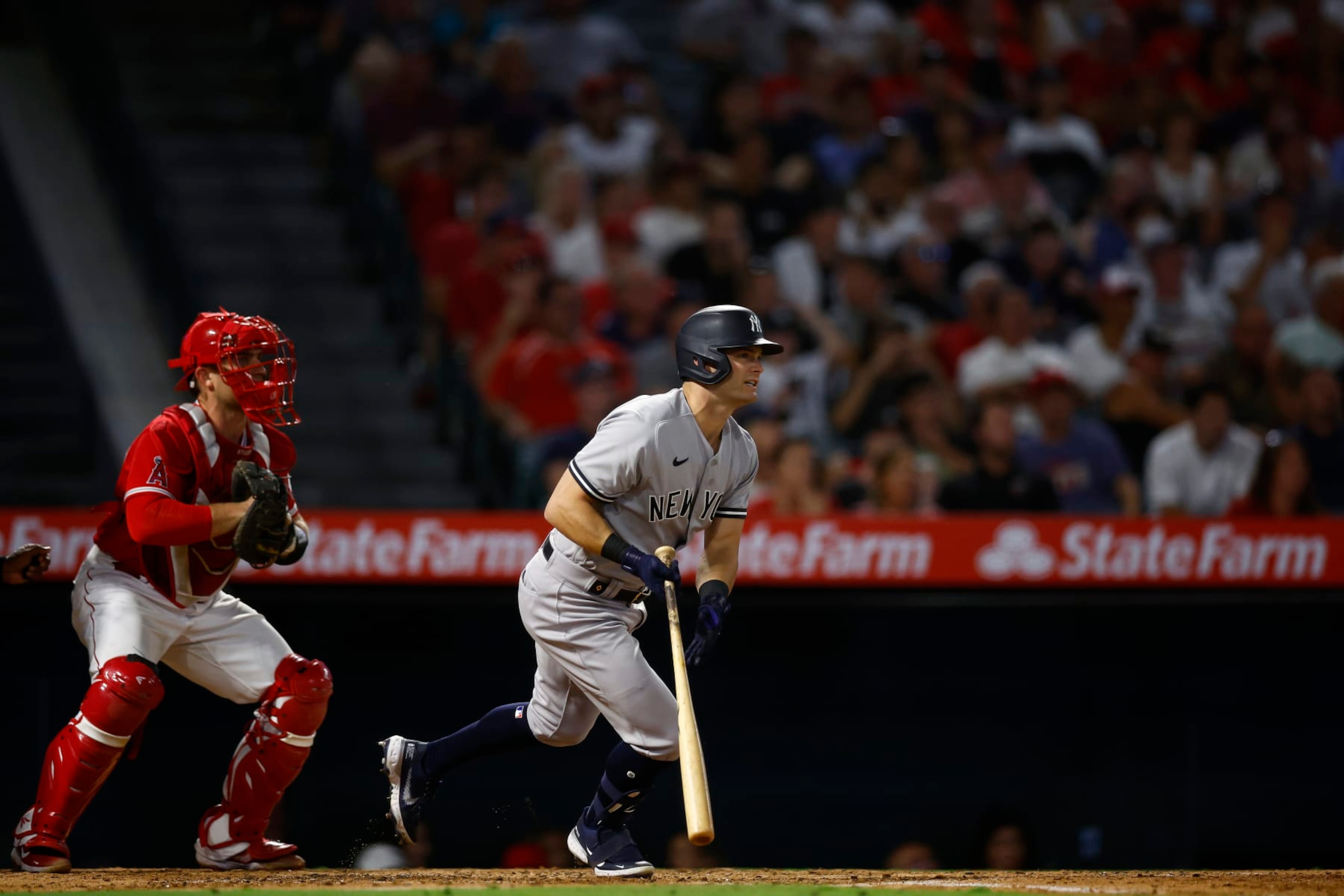 ANAHEIM, CALIFORNIA - AUGUST 30:  Andrew Benintendi #18 of the New York Yankees in the fourth inning at Angel Stadium of Anaheim on August 30, 2022 in Anaheim, California. (Photo by Ronald Martinez/Getty Images)