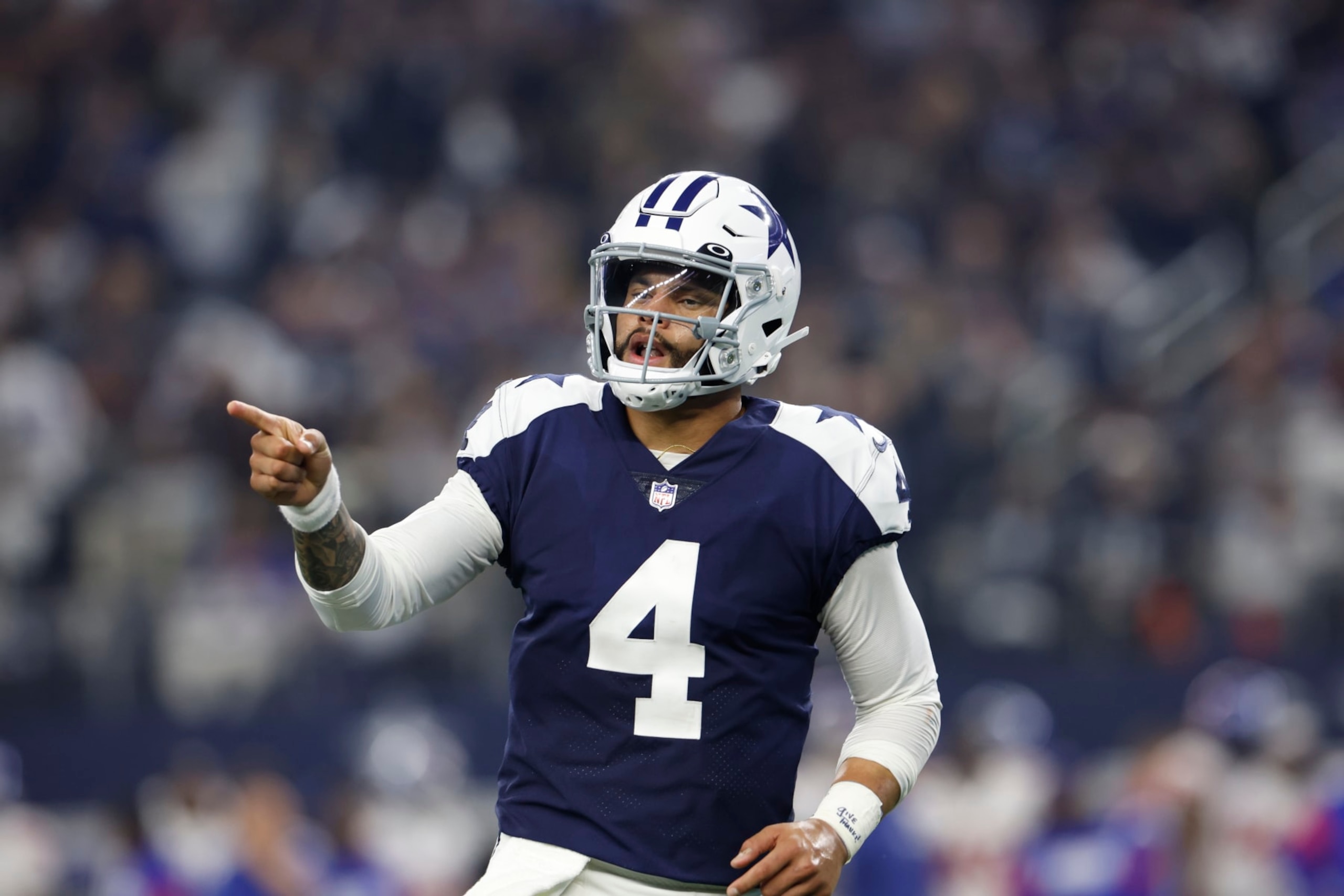 Dallas Cowboys quarterback Dak Prescott (4) celebrates during an NFL game against the New York Giants on Thursday, November 24, 2022, in Arlington, Texas. (AP Photo/Matt Patterson)