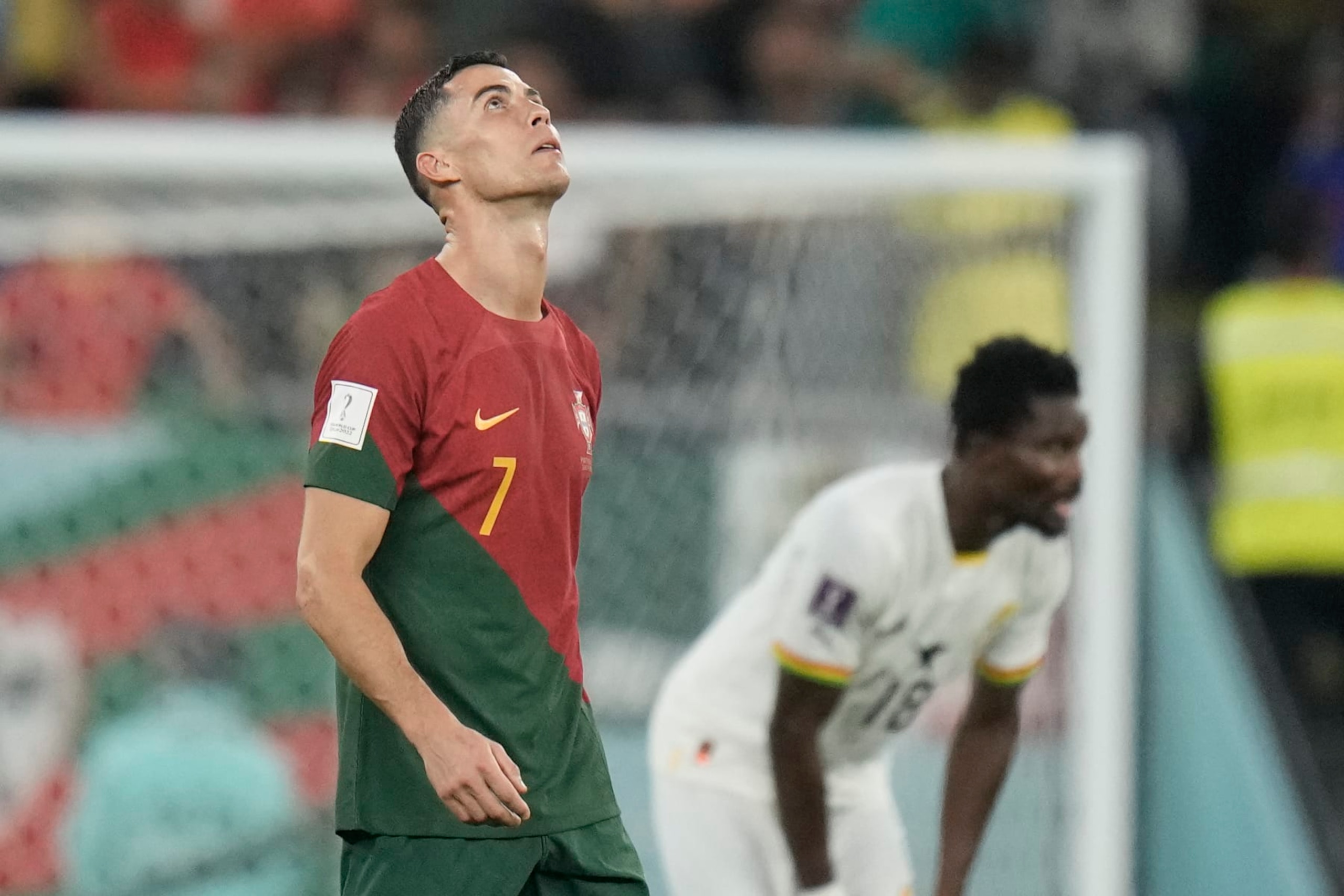 Portugal's Cristiano Ronaldo celebrates after scoring his side's first goal during the World Cup group H soccer match between Portugal and Ghana, at the Stadium 974 in Doha, Qatar, Thursday, Nov. 24, 2022. (AP Photo/Hassan Ammar) Portugal's Cristiano Ronaldo celebrates after scoring his side's first goal during the World Cup group H soccer match between Portugal and Ghana, at the Stadium 974 in Doha, Qatar, Thursday, Nov. 24, 2022. (AP Photo/Hassan Ammar)