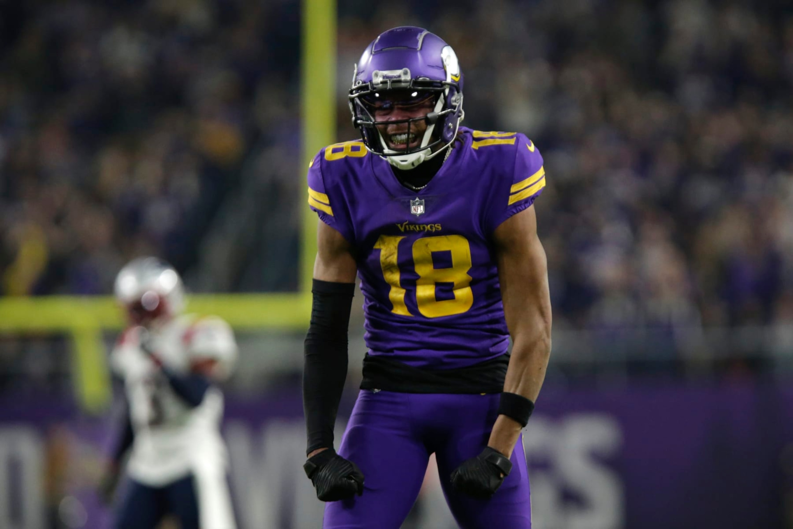 Minnesota Vikings wide receiver Justin Jefferson celebrates after catching a pass during the second half of an NFL football game against the New England Patriots, Thursday, Nov. 24, 2022, in Minneapolis. (AP Photo/Andy Clayton-King) Minnesota Vikings wide receiver Justin Jefferson celebrates after catching a pass during the second half of an NFL football game against the New England Patriots, Thursday, Nov. 24, 2022, in Minneapolis. (AP Photo/Andy Clayton-King)