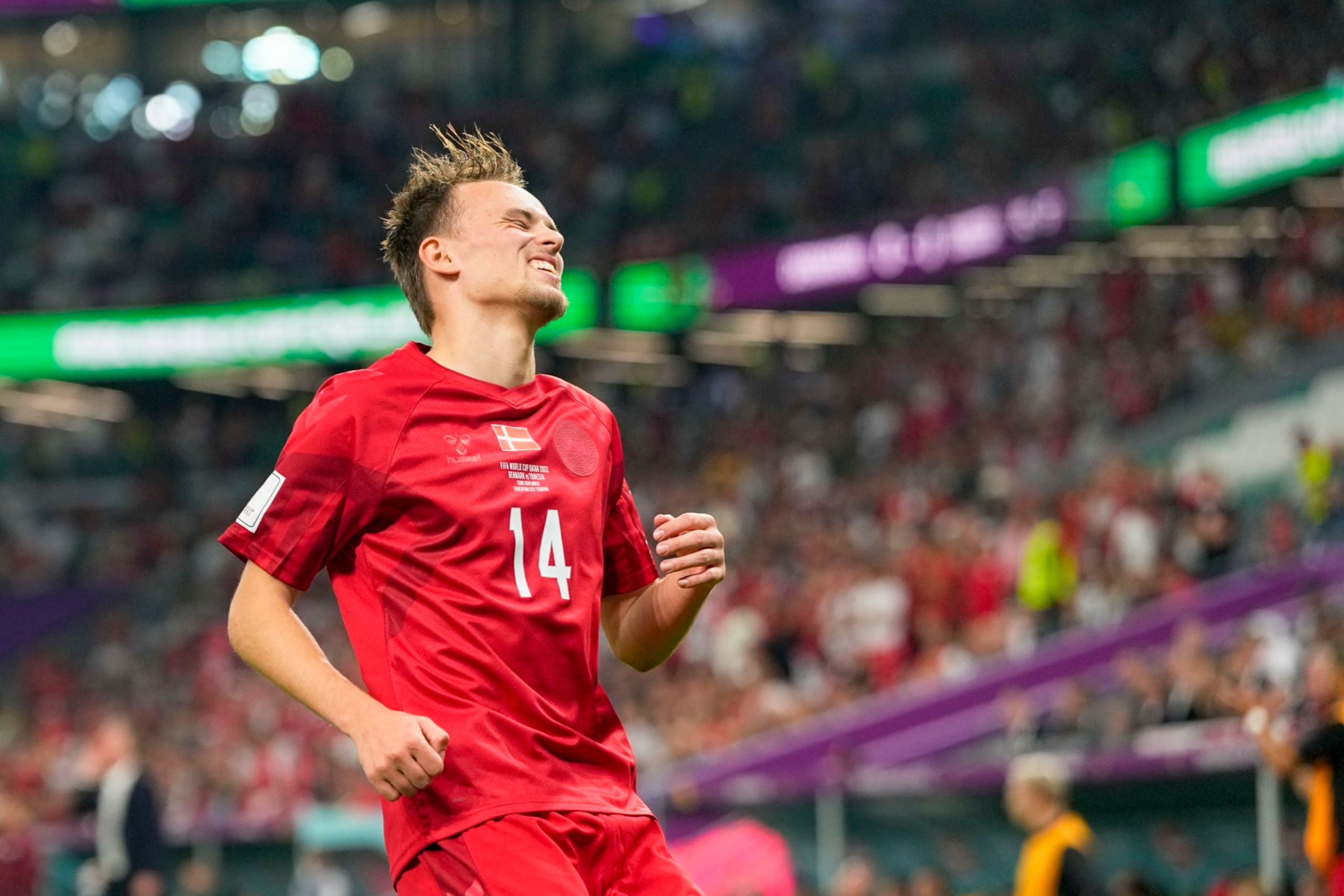 AL RAYYAN, QATAR - NOVEMBER 22: Mikkel Damsgaard of Denmark looks dejected during the FIFA World Cup Qatar 2022 Group D match between Denmark and Tunisia at Education City Stadium on November 22, 2022 in Al Rayyan, Qatar. (Photo by Ulrik Pedersen/DeFodi Images via Getty Images)