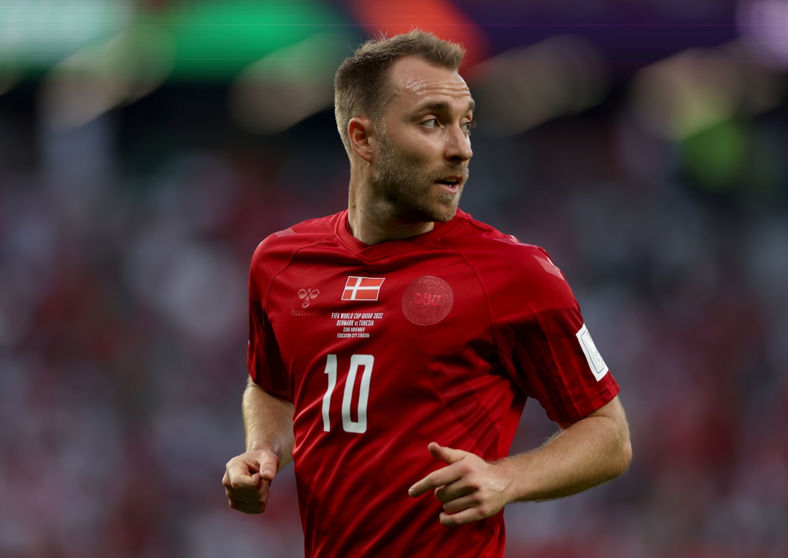 AL RAYYAN, QATAR - NOVEMBER 22: Christian Eriksen of Denmark looks on during the FIFA World Cup Qatar 2022 Group D match between Denmark and Tunisia at Education City Stadium on November 22, 2022 in Al Rayyan, Qatar. (Photo by Lars Baron/Getty Images)