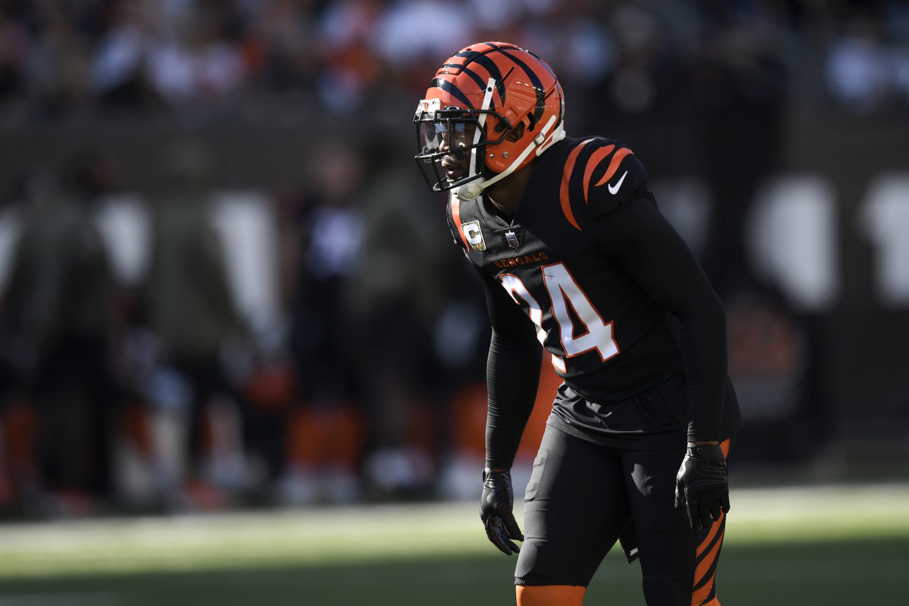 CINCINNATI, OH - NOVEMBER 06: Cincinnati Bengals Safety Vonn Bell (24) lines up for a play during the NFL game between the Carolina Panthers and the Cincinnati Bengals on November 6, 2022, at Paycor Stadium, in Cincinnati, Ohio. (Photo by Michael Allio/Icon Sportswire via Getty Images)