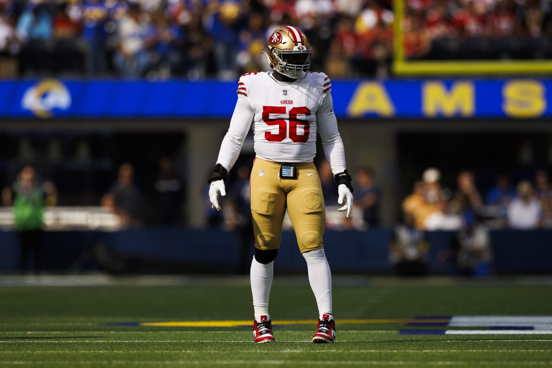 INGLEWOOD, CA - OCTOBER 30: San Francisco 49ers defensive end Samson Ebukam (56) defends during an NFL football game between the San Francisco 49ers and the Los Angeles Rams on October 30, 2022 at SoFi Stadium in Inglewood, CA. (Photo by Ric Tapia/Icon Sportswire via Getty Images)