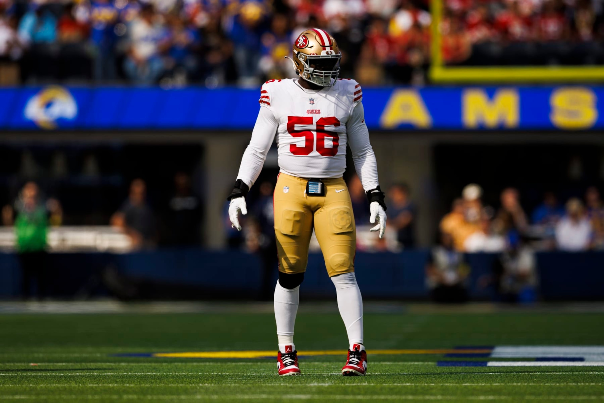 INGLEWOOD, CA - OCTOBER 30: San Francisco 49ers defensive end Samson Ebukam (56) defends during an NFL football game between the San Francisco 49ers and the Los Angeles Rams on October 30, 2022 at SoFi Stadium in Inglewood, CA. (Photo by Ric Tapia/Icon Sportswire via Getty Images) INGLEWOOD, CA - OCTOBER 30: San Francisco 49ers defensive end Samson Ebukam (56) defends during an NFL football game between the San Francisco 49ers and the Los Angeles Rams on October 30, 2022 at SoFi Stadium in Inglewood, CA. (Photo by Ric Tapia/Icon Sportswire via Getty Images)