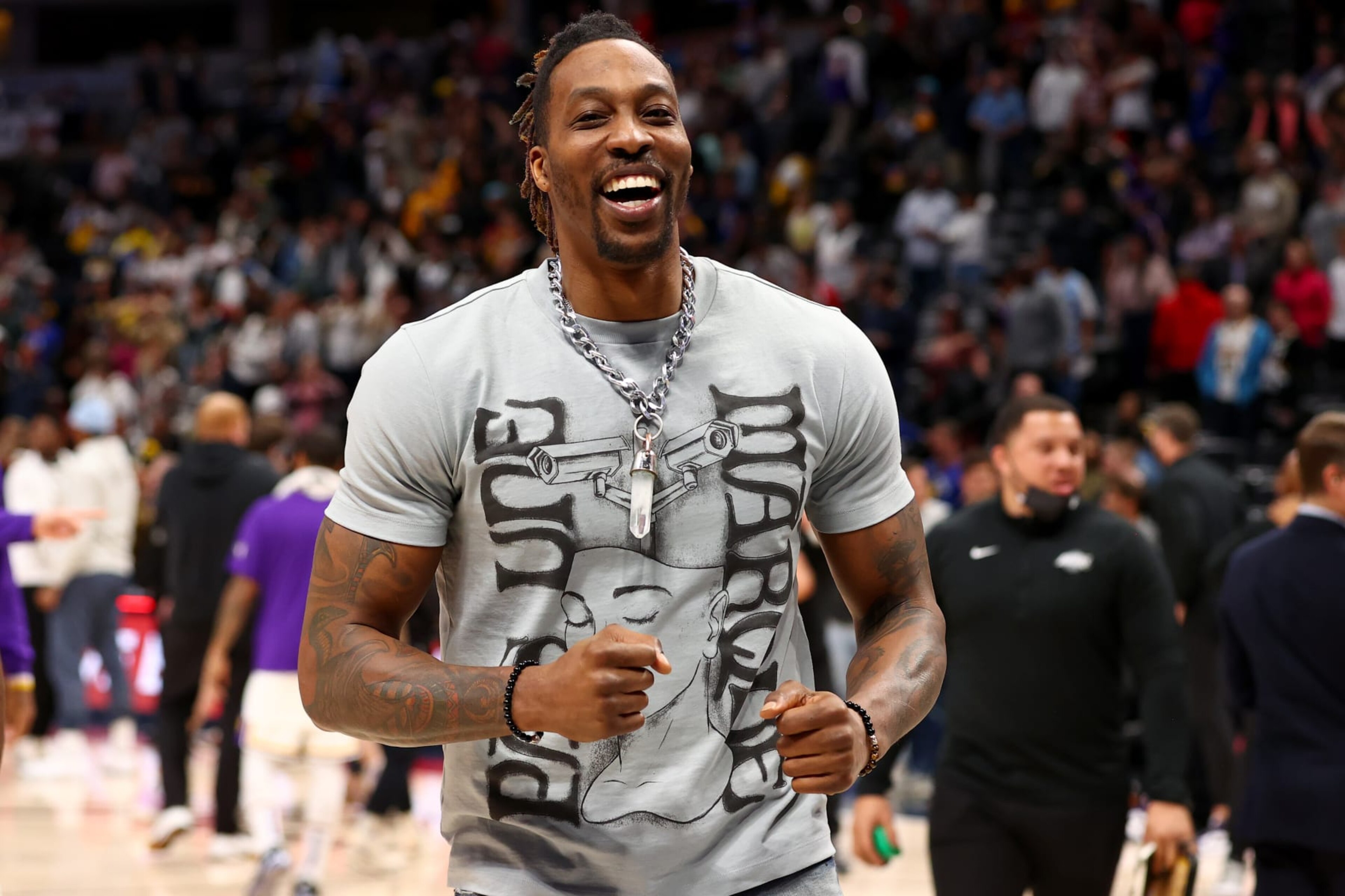 DENVER, CO - APRIL 10: Dwight Howard #39 of the Los Angeles Lakers celebrates their victory over the Denver Nuggets at Ball Arena on April 10, 2022 in Denver, Colorado. NOTE TO USER: User expressly acknowledges and agrees that, by downloading and/or using this Photograph, user is consenting to the terms and conditions of the Getty Images License Agreement. (Photo by Jamie Schwaberow/Getty Images)