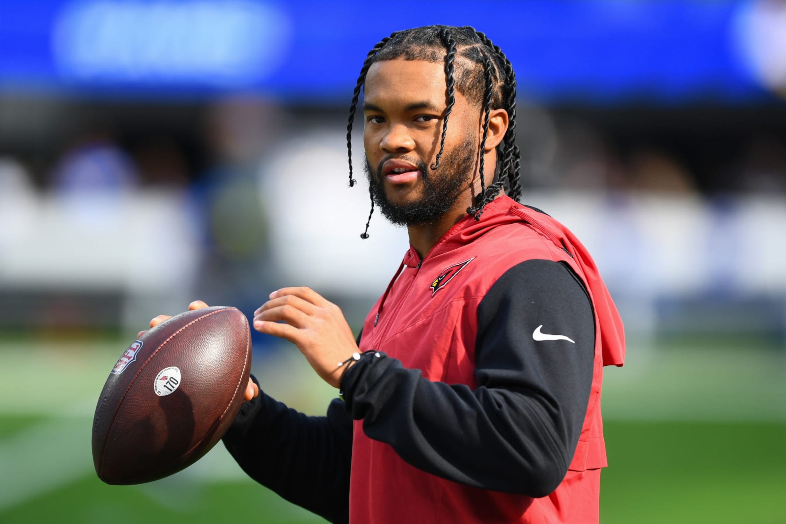 INGLEWOOD, CA - NOVEMBER 13: Injured Arizona Cardinals quarterback Kyler Murray (1) looks on before the NFL game between the Arizona Cardinals and the Los Angeles Rams on November 13, 2022, at SoFi Stadium in Inglewood, CA. (Photo by Brian Rothmuller/Icon Sportswire via Getty Images) INGLEWOOD, CA - NOVEMBER 13: Injured Arizona Cardinals quarterback Kyler Murray (1) looks on before the NFL game between the Arizona Cardinals and the Los Angeles Rams on November 13, 2022, at SoFi Stadium in Inglewood, CA. (Photo by Brian Rothmuller/Icon Sportswire via Getty Images)