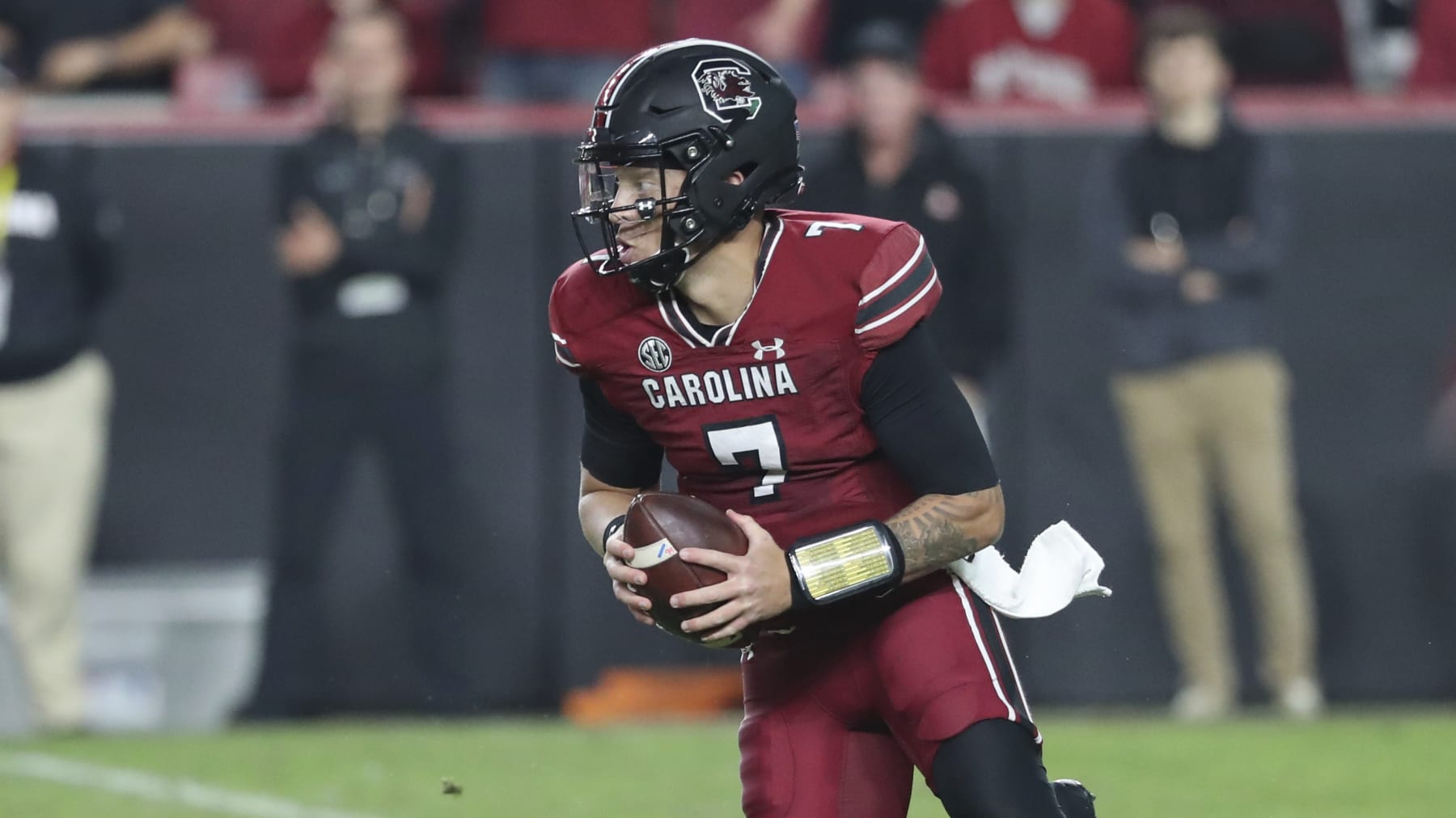 South Carolina quarterback Spencer Rattler (7) scrambles in the pocket during the second half of an NCAA college football game against Texas A&M on Saturday, Oct. 22, 2022, in Columbia, S.C. (AP Photo/Artie Walker Jr.)