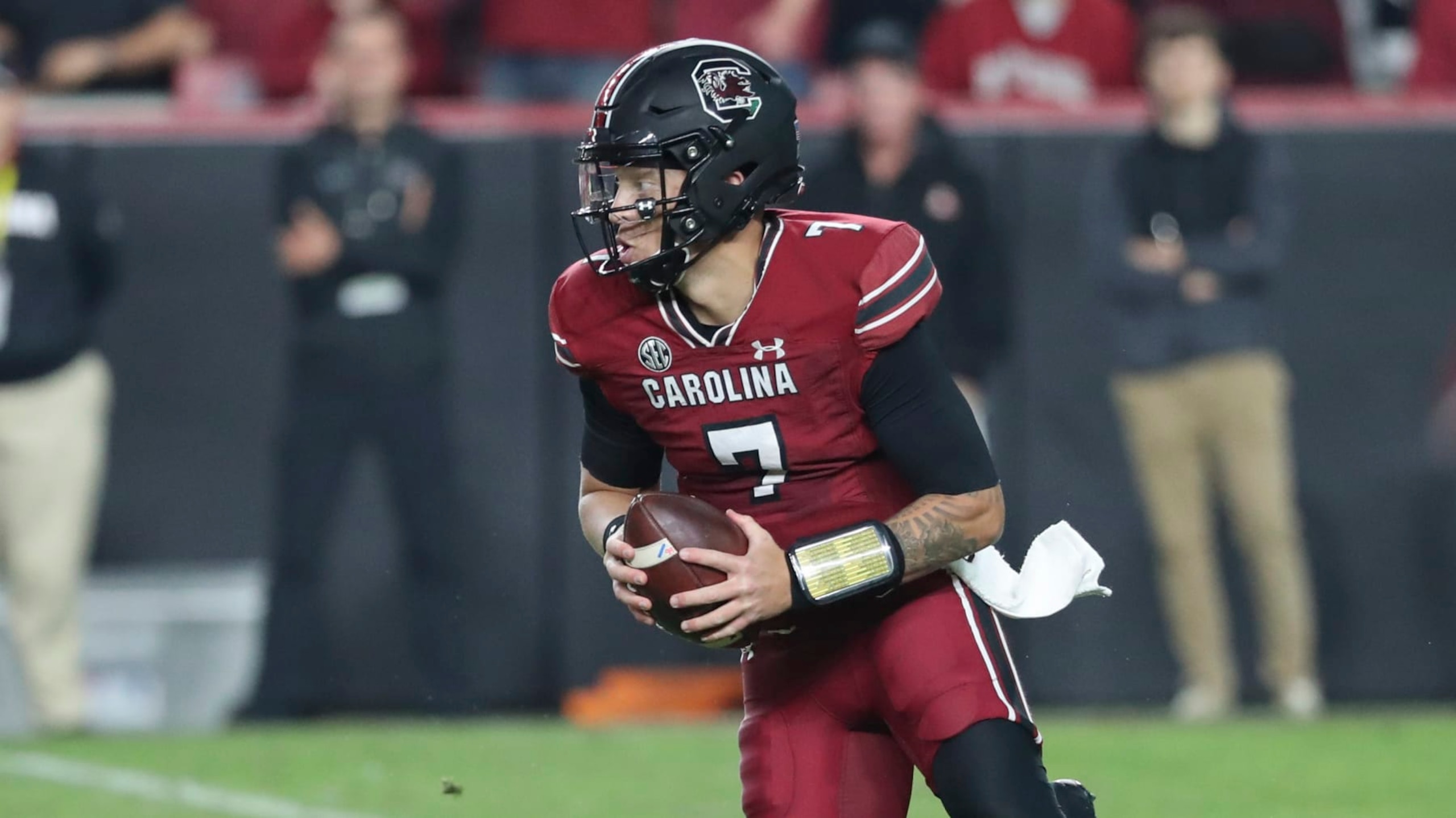 South Carolina quarterback Spencer Rattler (7) scrambles in the pocket during the second half of an NCAA college football game against Texas A&M on Saturday, Oct. 22, 2022, in Columbia, S.C. (AP Photo/Artie Walker Jr.)