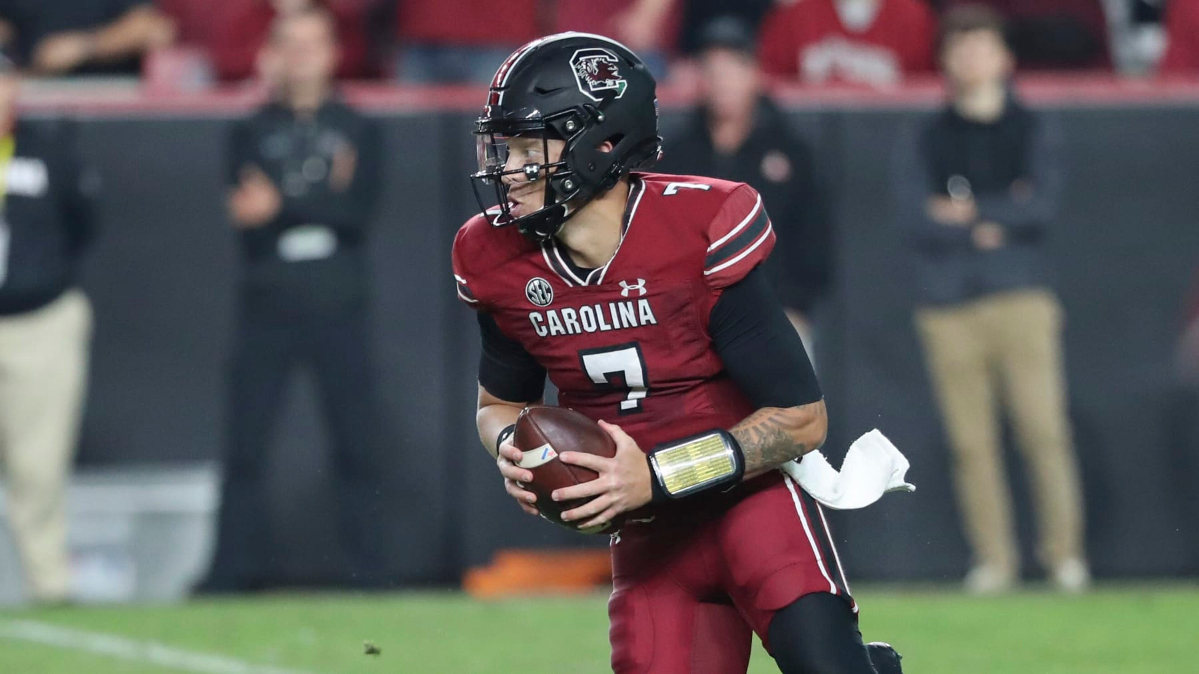 South Carolina quarterback Spencer Rattler (7) scrambles in the pocket during the second half of an NCAA college football game against Texas A&M on Saturday, Oct. 22, 2022, in Columbia, S.C. (AP Photo/Artie Walker Jr.)