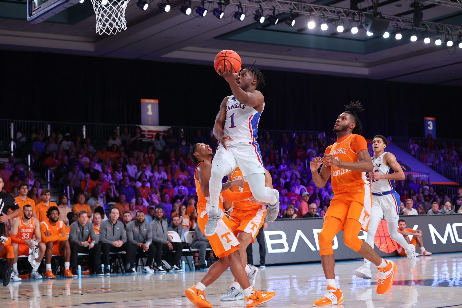 In a photo provided by Bahamas Visual Services, Kansas' Joseph Yesufu shoots against Tennessee during an NCAA college basketball game in the Battle 4 Atlantis at Paradise Island, Bahamas, Friday, Nov. 25, 2022. (Tim Aylen/Bahamas Visual Services via AP)