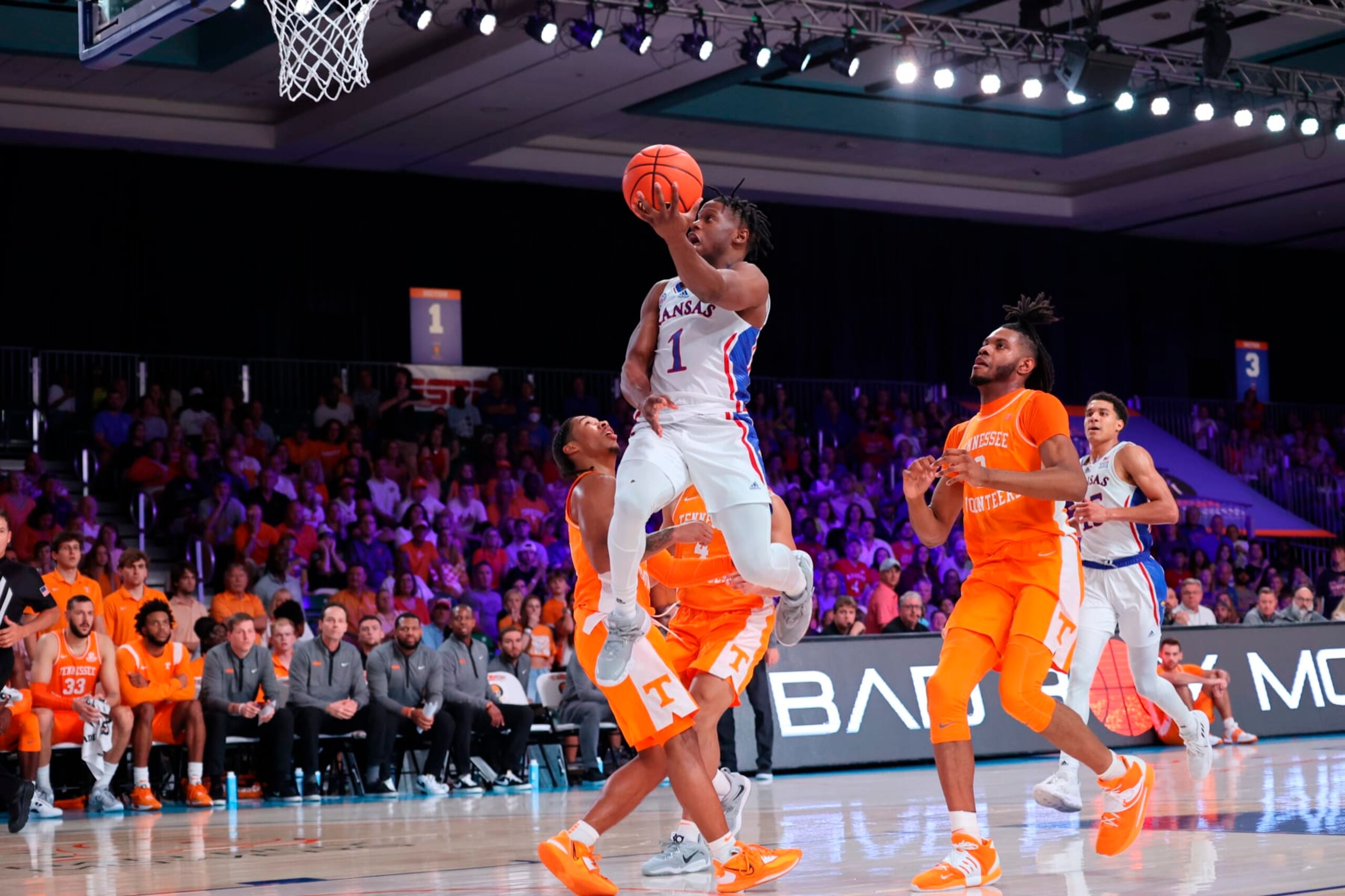 In a photo provided by Bahamas Visual Services, Kansas' Joseph Yesufu shoots against Tennessee during an NCAA college basketball game in the Battle 4 Atlantis at Paradise Island, Bahamas, Friday, Nov. 25, 2022. (Tim Aylen/Bahamas Visual Services via AP)
