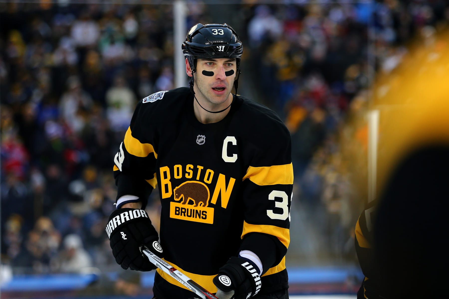 FOXBORO, MA - JANUARY 01: Zdeno Chara #33 of the Boston Bruins looks on in the third period against the Montreal Canadiens during the 2016 Bridgestone NHL Winter Classic at Gillette Stadium on January 1, 2016 in Foxboro, Massachusetts.  (Photo by Maddie Meyer/Getty Images)