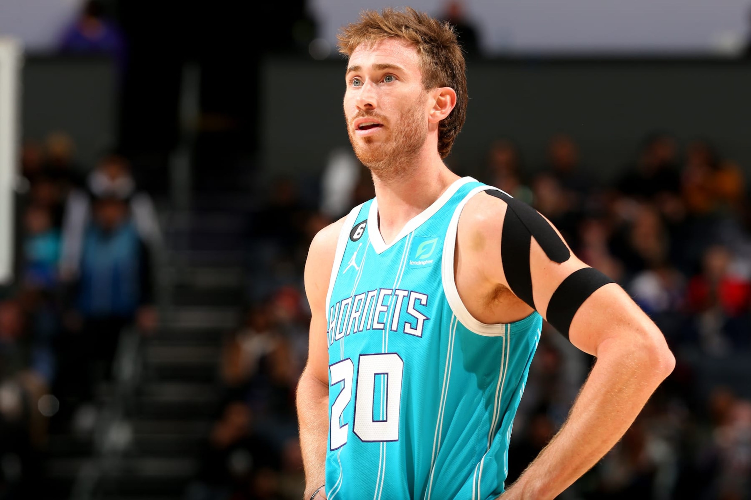 CHARLOTTE, NC - NOVEMBER 23: Gordon Hayward #20 of the Charlotte Hornets looks on during the game against the Philadelphia 76ers on November 23, 2022 at Spectrum Center in Charlotte, North Carolina. NOTE TO USER: User expressly acknowledges and agrees that, by downloading and or using this photograph, User is consenting to the terms and conditions of the Getty Images License Agreement. Mandatory Copyright Notice: Copyright 2022 NBAE (Photo by Kent Smith/NBAE via Getty Images) CHARLOTTE, NC - NOVEMBER 23: Gordon Hayward #20 of the Charlotte Hornets looks on during the game against the Philadelphia 76ers on November 23, 2022 at Spectrum Center in Charlotte, North Carolina. NOTE TO USER: User expressly acknowledges and agrees that, by downloading and or using this photograph, User is consenting to the terms and conditions of the Getty Images License Agreement. Mandatory Copyright Notice: Copyright 2022 NBAE (Photo by Kent Smith/NBAE via Getty Images)