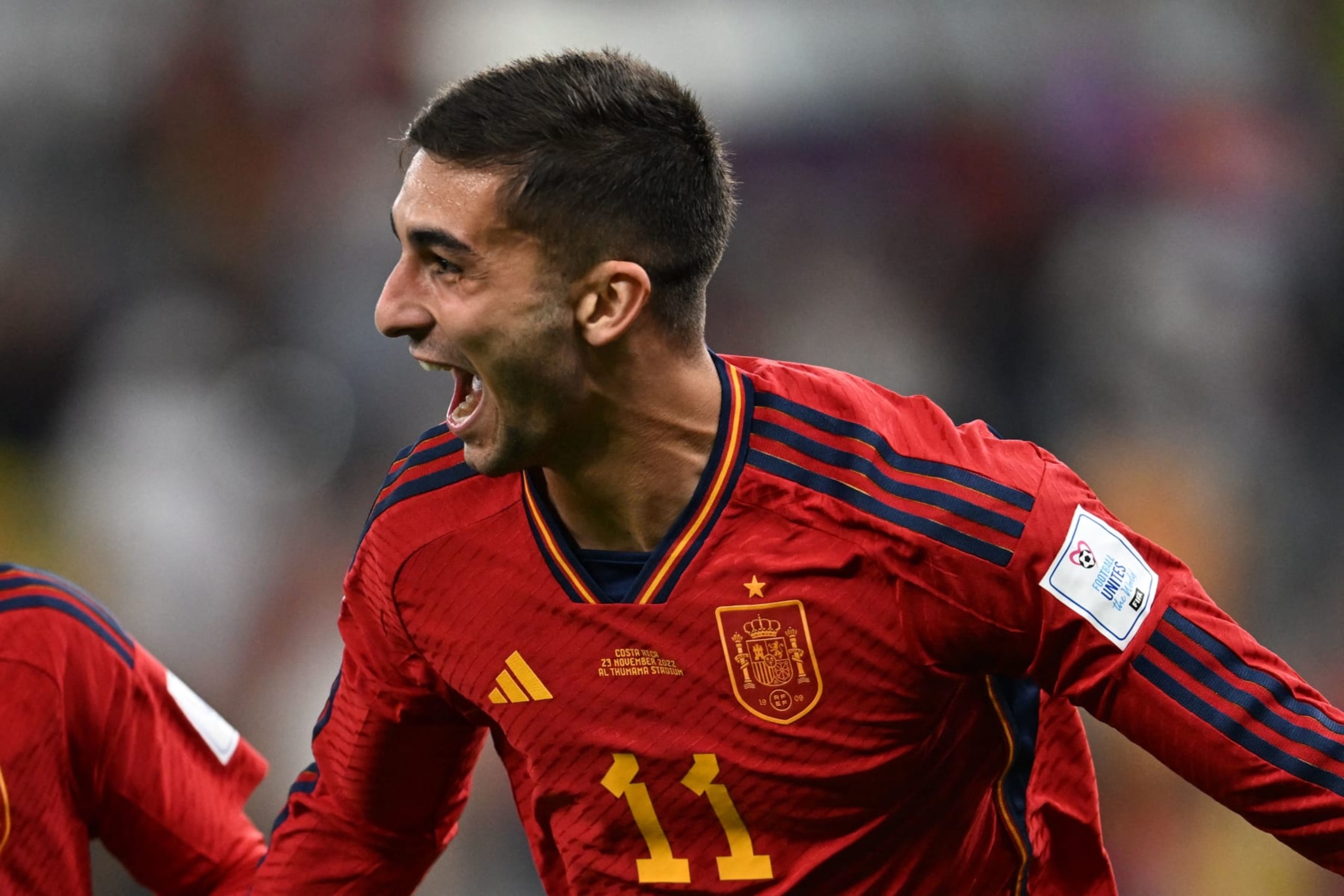 Spain's forward #11 Ferran Torres celebrates after scoring his team's fourth goal during the Qatar 2022 World Cup Group E football match between Spain and Costa Rica at the Al-Thumama Stadium in Doha on November 23, 2022. (Photo by Raul ARBOLEDA / AFP) (Photo by RAUL ARBOLEDA/AFP via Getty Images) Spain's forward #11 Ferran Torres celebrates after scoring his team's fourth goal during the Qatar 2022 World Cup Group E football match between Spain and Costa Rica at the Al-Thumama Stadium in Doha on November 23, 2022. (Photo by Raul ARBOLEDA / AFP) (Photo by RAUL ARBOLEDA/AFP via Getty Images)