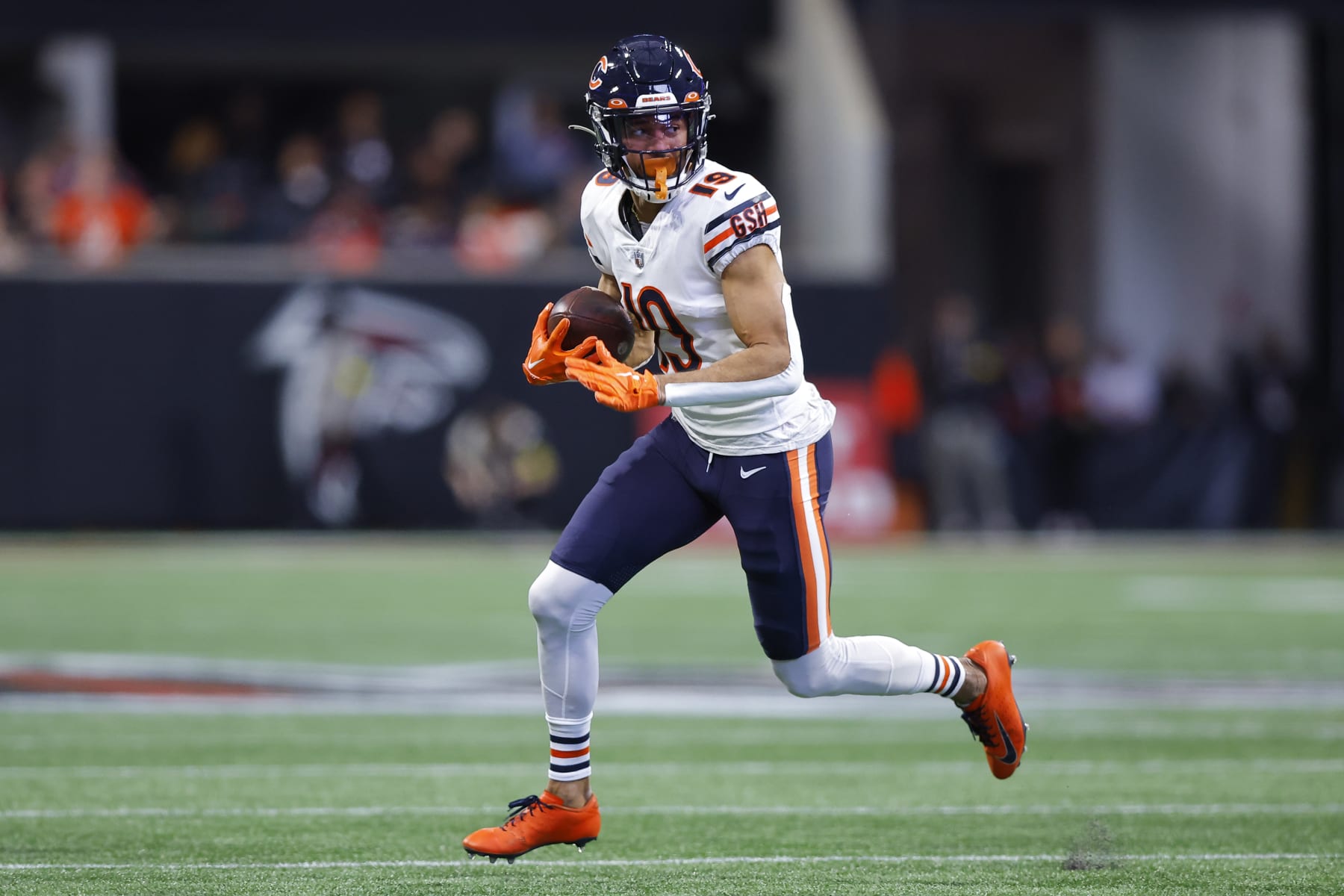 ATLANTA, GA - NOVEMBER 20: Equanimeous St. Brown #19 of the Chicago Bears rushes after a catch during the first half against the Atlanta Falcons at Mercedes-Benz Stadium on November 20, 2022 in Atlanta, Georgia. (Photo by Todd Kirkland/Getty Images)