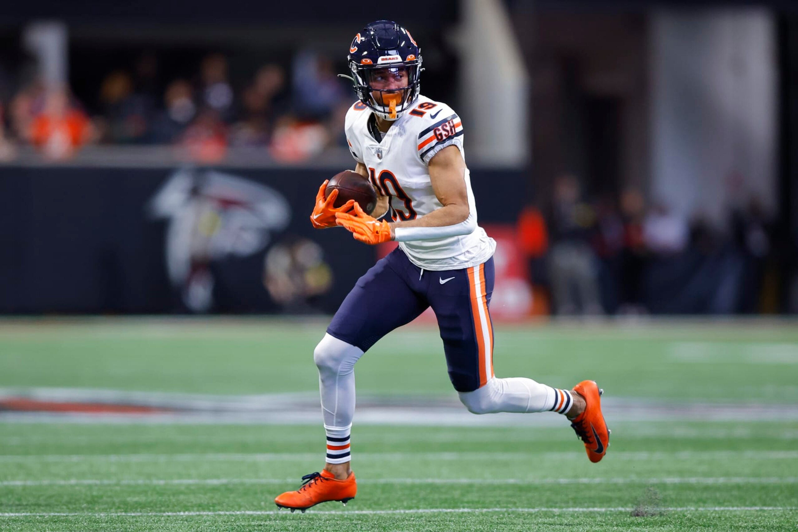 ATLANTA, GA - NOVEMBER 20: Equanimeous St. Brown #19 of the Chicago Bears rushes after a catch during the first half against the Atlanta Falcons at Mercedes-Benz Stadium on November 20, 2022 in Atlanta, Georgia. (Photo by Todd Kirkland/Getty Images) ATLANTA, GA - NOVEMBER 20: Equanimeous St. Brown #19 of the Chicago Bears rushes after a catch during the first half against the Atlanta Falcons at Mercedes-Benz Stadium on November 20, 2022 in Atlanta, Georgia. (Photo by Todd Kirkland/Getty Images)