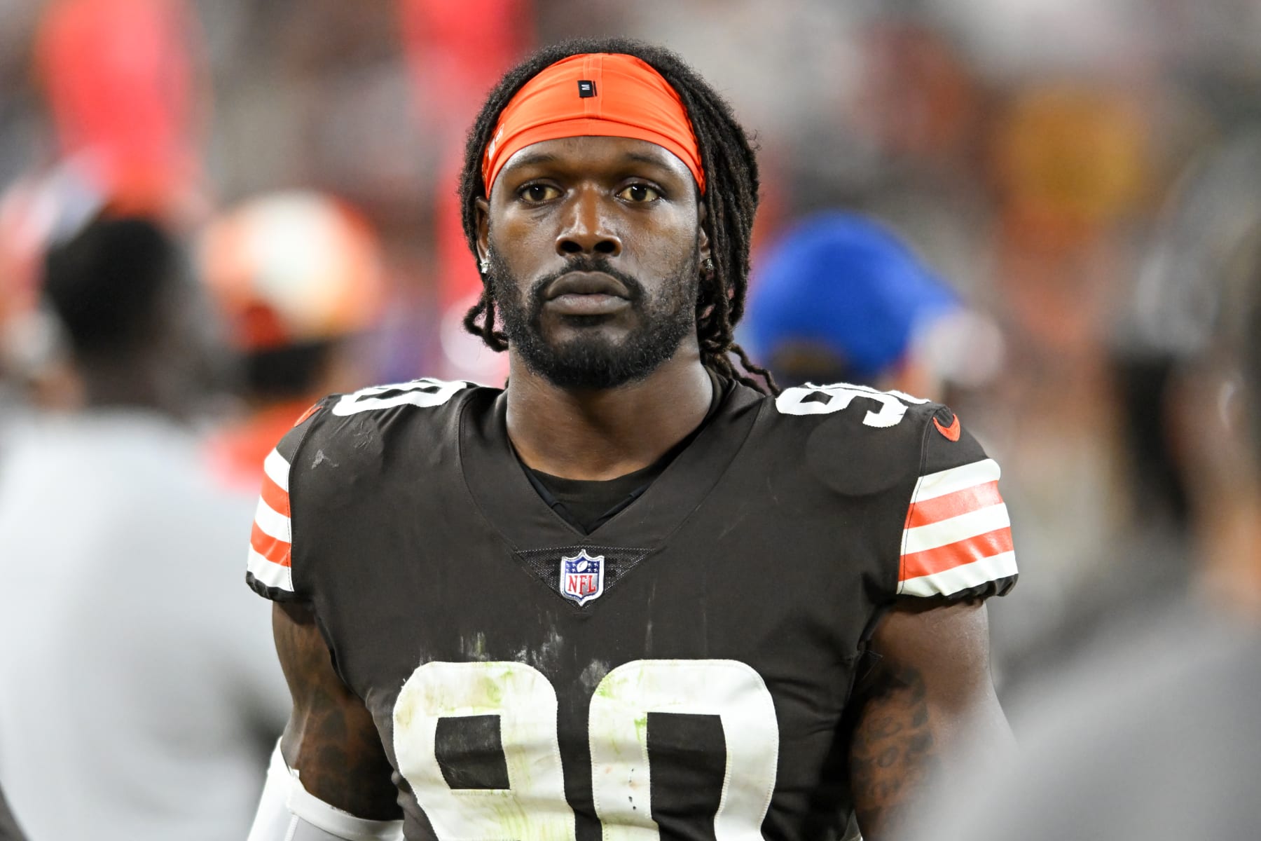 CLEVELAND, OHIO - OCTOBER 31: Jadeveon Clowney #90 of the Cleveland Browns looks on during the second half against the Cincinnati Bengals at FirstEnergy Stadium on October 31, 2022 in Cleveland, Ohio. (Photo by Nick Cammett/Diamond Images via Getty Images)