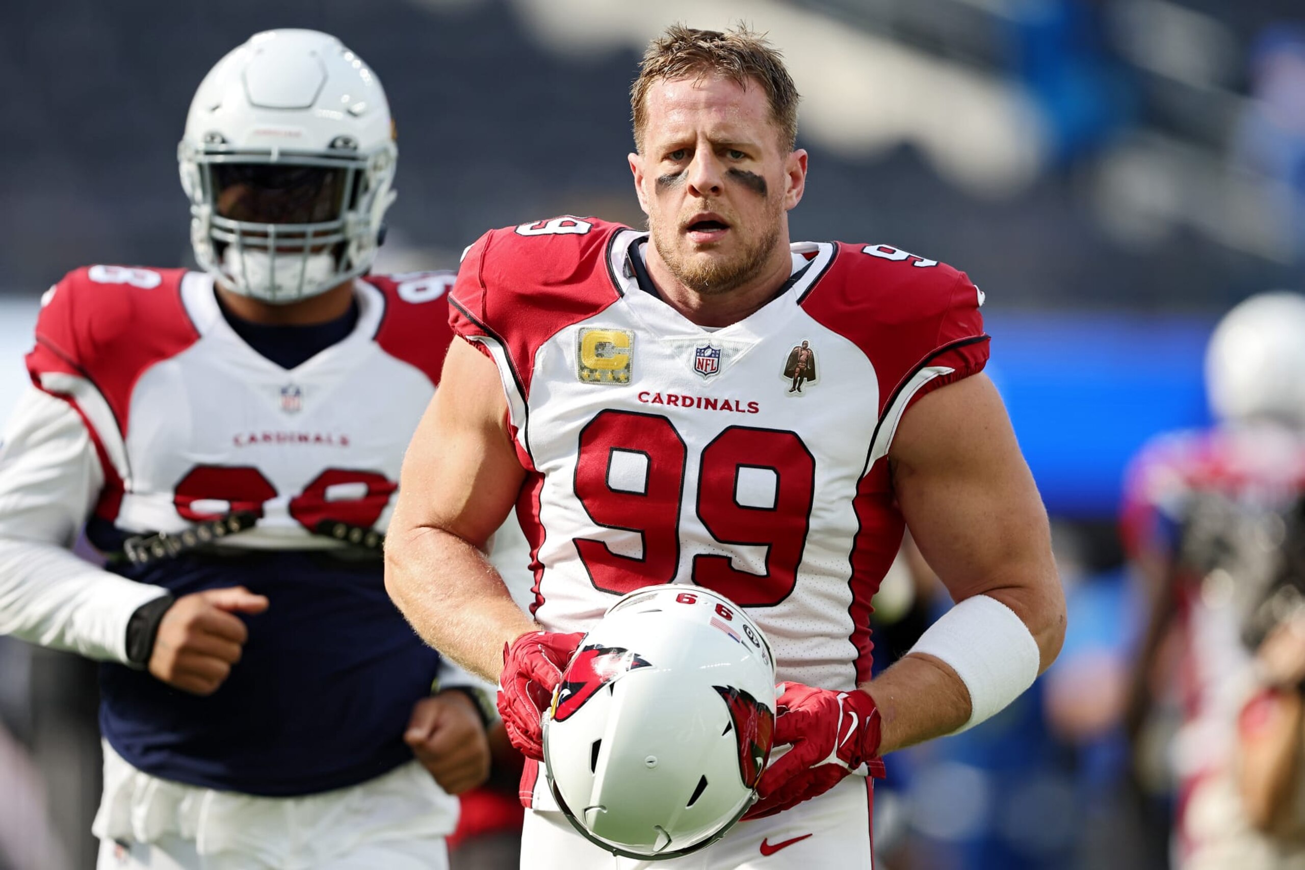 INGLEWOOD, CALIFORNIA - NOVEMBER 13: J.J. Watt #99 of the Arizona Cardinals is seen during warmups prior to the game against the Los Angeles Rams at SoFi Stadium on November 13, 2022 in Inglewood, California. (Photo by Sean M. Haffey/Getty Images) INGLEWOOD, CALIFORNIA - NOVEMBER 13: J.J. Watt #99 of the Arizona Cardinals is seen during warmups prior to the game against the Los Angeles Rams at SoFi Stadium on November 13, 2022 in Inglewood, California. (Photo by Sean M. Haffey/Getty Images)