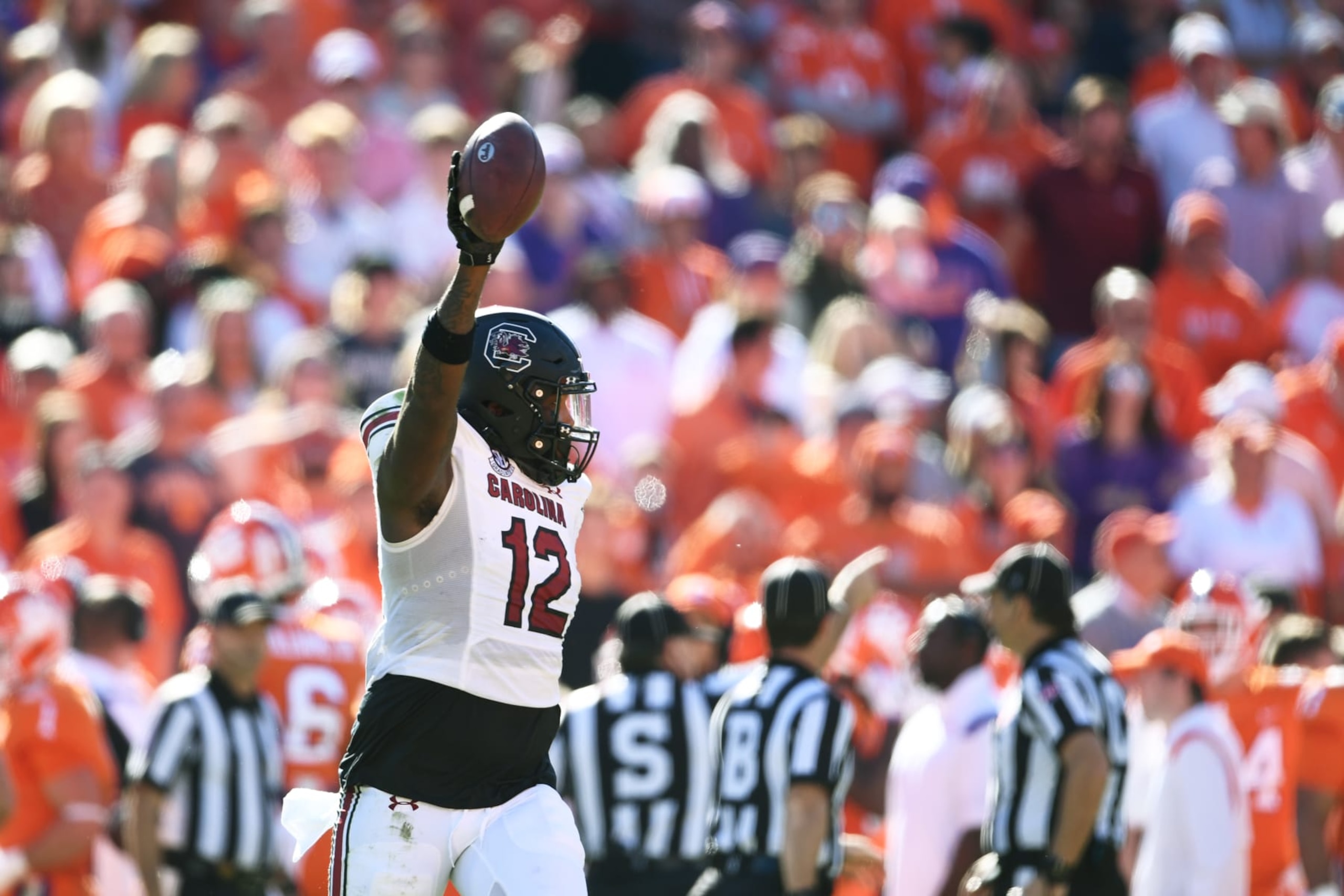 CLEMSON, SOUTH CAROLINA - NOVEMBER 26: Anthony Rose #12 of the South Carolina Gamecocks celebrates recovering a Clemson Tigers second quarter fumble at Memorial Stadium on November 26, 2022 in Clemson, South Carolina. (Photo by Eakin Howard/Getty Images) CLEMSON, SOUTH CAROLINA - NOVEMBER 26: Anthony Rose #12 of the South Carolina Gamecocks celebrates recovering a Clemson Tigers second quarter fumble at Memorial Stadium on November 26, 2022 in Clemson, South Carolina. (Photo by Eakin Howard/Getty Images)
