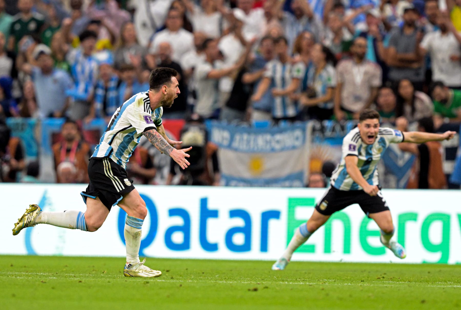 LUSAIL CITY, QATAR - NOVEMBER 26: Lionel Messi (10) of Argentina celebrates after his goal during the FIFA World Cup Qatar 2022 Group C match between Argentina and Mexico at Lusail Stadium on November 26, 2022 in Lusail City, Qatar. (Photo by Salih Zeki Fazlioglu/Anadolu Agency via Getty Images)