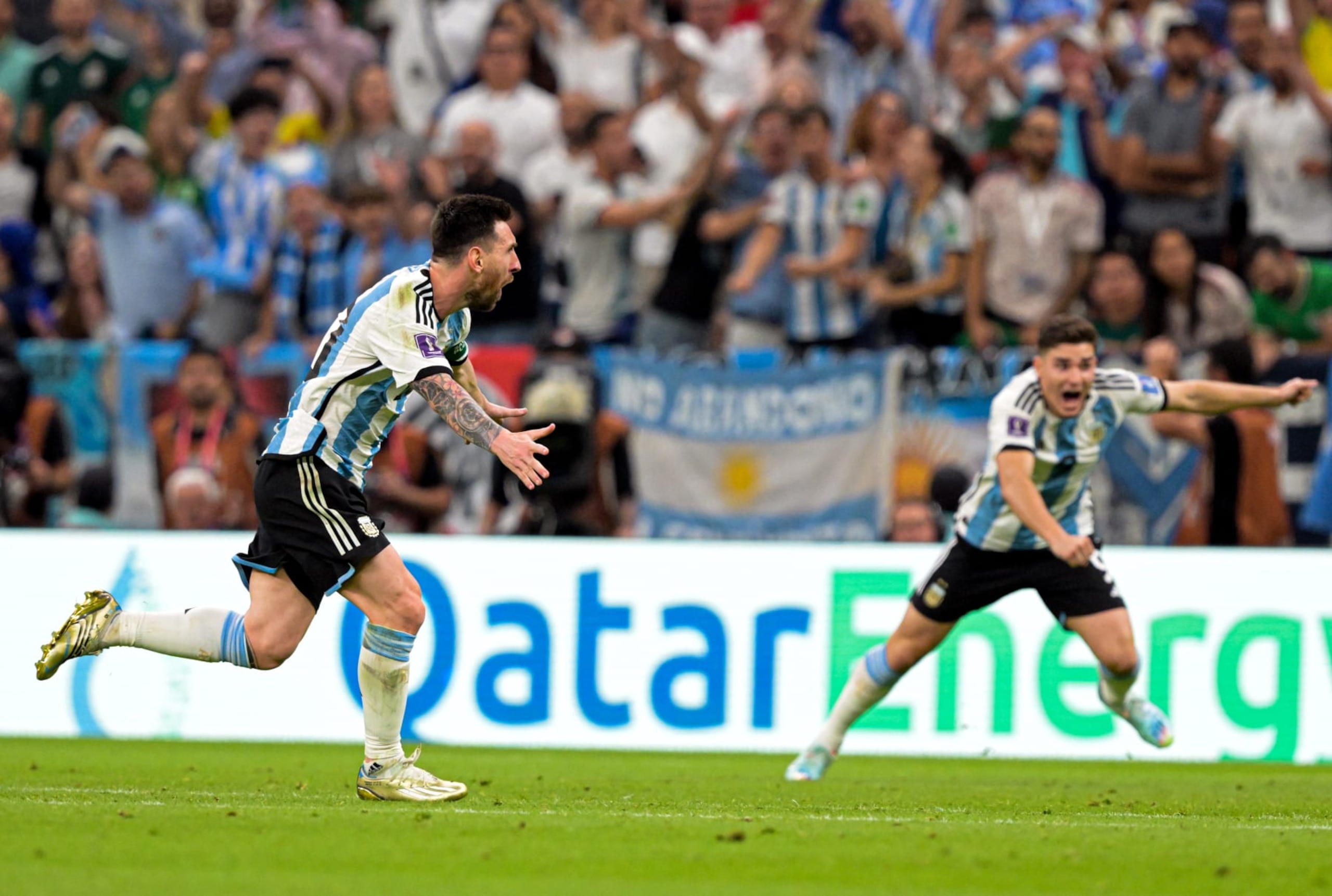 LUSAIL CITY, QATAR - NOVEMBER 26: Lionel Messi (10) of Argentina celebrates after his goal during the FIFA World Cup Qatar 2022 Group C match between Argentina and Mexico at Lusail Stadium on November 26, 2022 in Lusail City, Qatar. (Photo by Salih Zeki Fazlioglu/Anadolu Agency via Getty Images) LUSAIL CITY, QATAR - NOVEMBER 26: Lionel Messi (10) of Argentina celebrates after his goal during the FIFA World Cup Qatar 2022 Group C match between Argentina and Mexico at Lusail Stadium on November 26, 2022 in Lusail City, Qatar. (Photo by Salih Zeki Fazlioglu/Anadolu Agency via Getty Images)