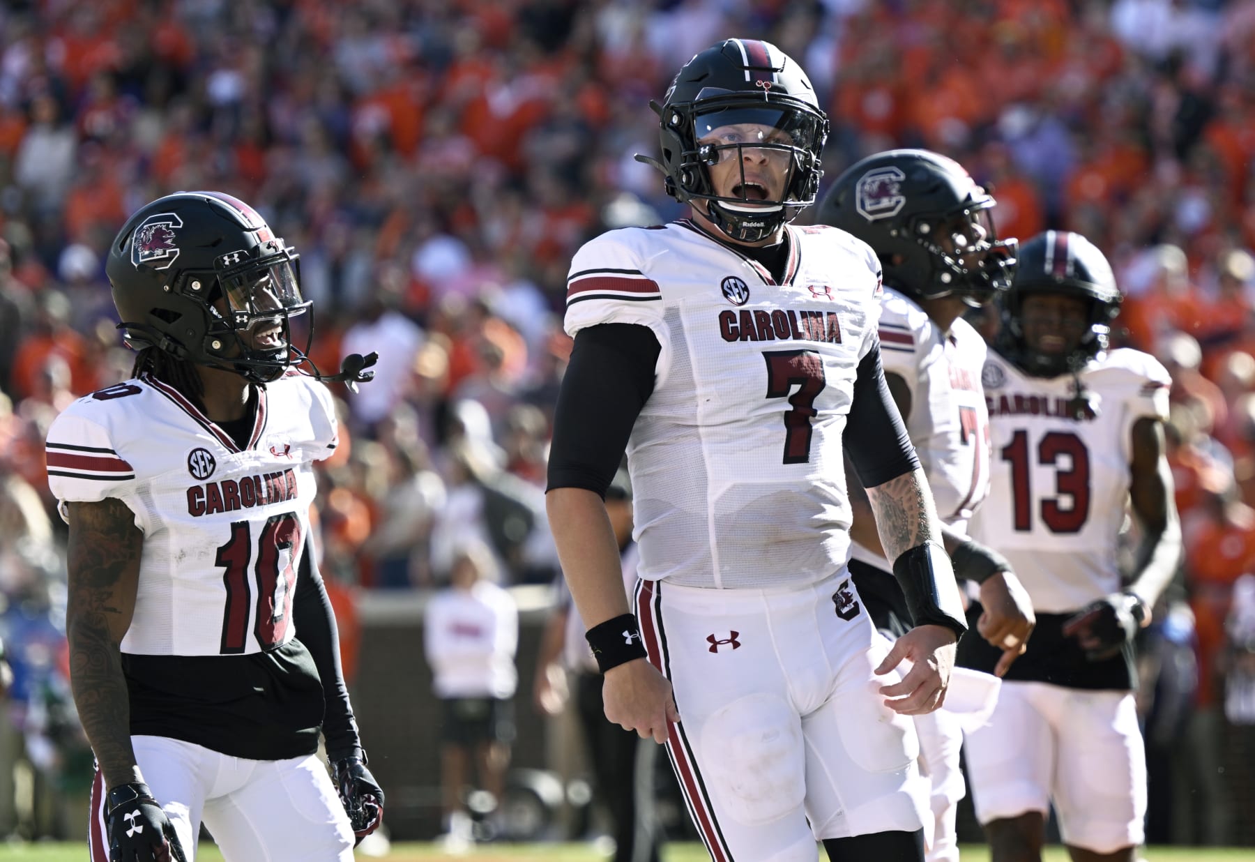 CLEMSON, SOUTH CAROLINA - NOVEMBER 26: Spencer Rattler #7 of the South Carolina Gamecocks celebrates a second quarter touchdown against the Clemson Tigers at Memorial Stadium on November 26, 2022 in Clemson, South Carolina. (Photo by Eakin Howard/Getty Images)
