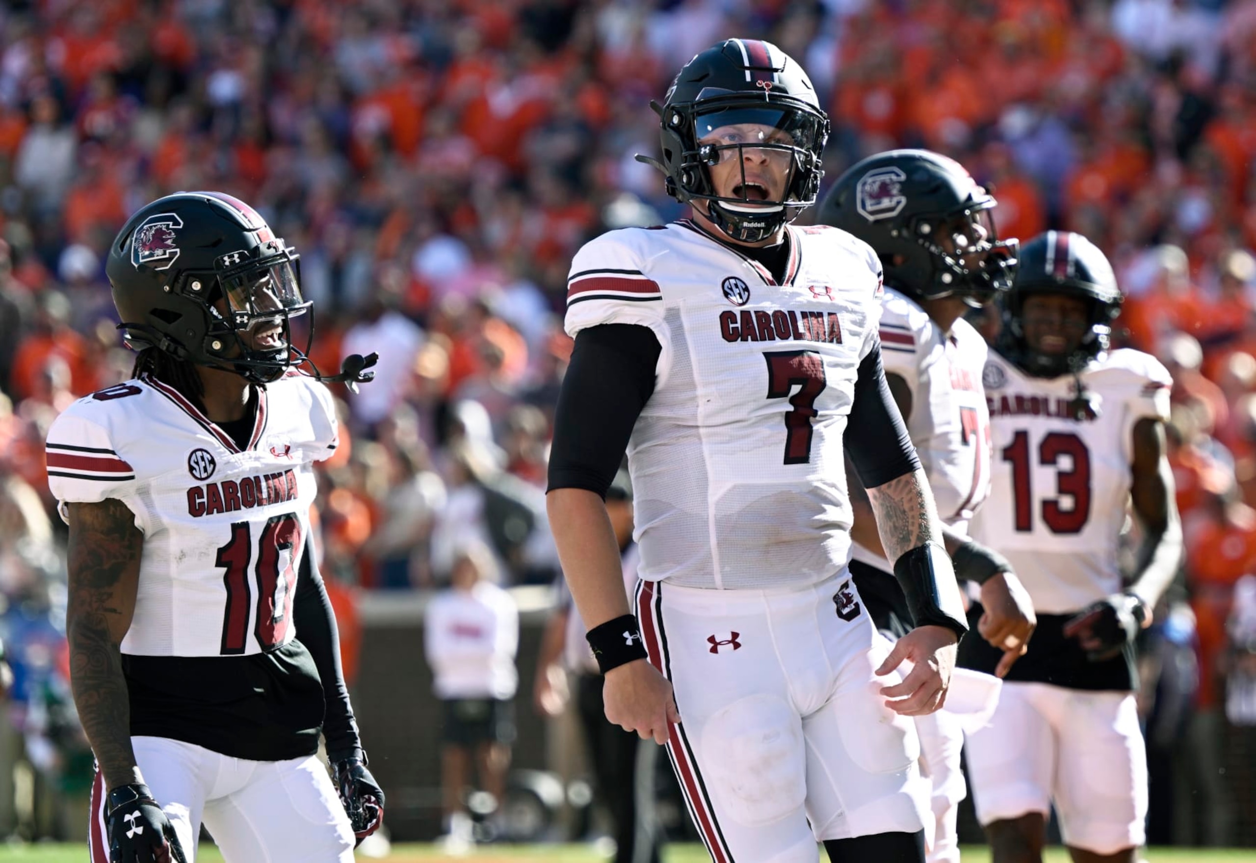 CLEMSON, SOUTH CAROLINA - NOVEMBER 26: Spencer Rattler #7 of the South Carolina Gamecocks celebrates a second quarter touchdown against the Clemson Tigers at Memorial Stadium on November 26, 2022 in Clemson, South Carolina. (Photo by Eakin Howard/Getty Images) CLEMSON, SOUTH CAROLINA - NOVEMBER 26: Spencer Rattler #7 of the South Carolina Gamecocks celebrates a second quarter touchdown against the Clemson Tigers at Memorial Stadium on November 26, 2022 in Clemson, South Carolina. (Photo by Eakin Howard/Getty Images)