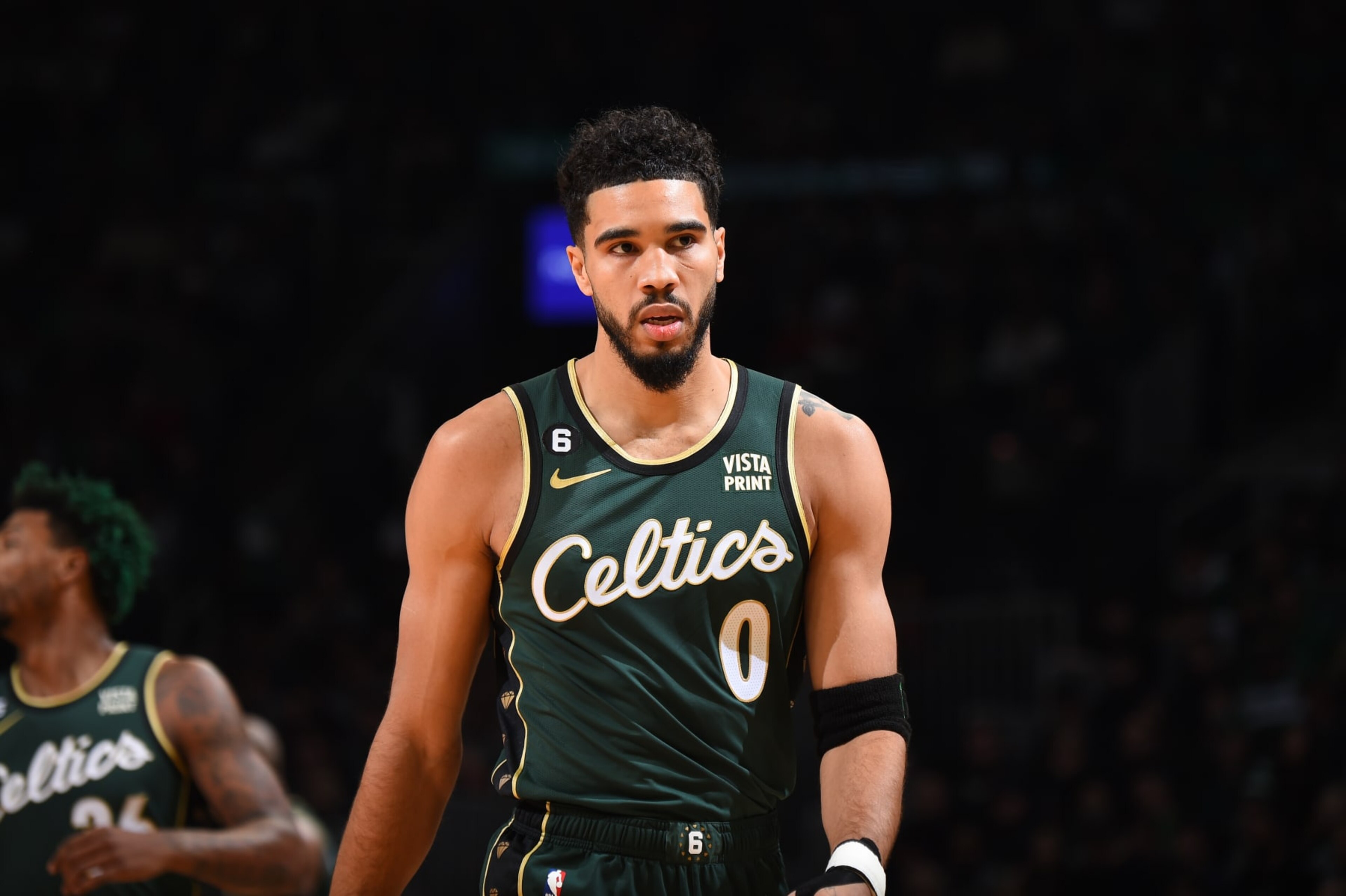 BOSTON, MA - NOVEMBER 23: Jayson Tatum #0 of the Boston Celtics stands on the court during the game against the Dallas Mavericks on November 23, 2022 at the TD Garden in Boston, Massachusetts. NOTE TO USER: User expressly acknowledges and agrees that, by downloading and or using this photograph, User is consenting to the terms and conditions of the Getty Images License Agreement. Mandatory Copyright Notice: Copyright 2022 NBAE (Photo by Brian Babineau/NBAE via Getty Images) BOSTON, MA - NOVEMBER 23: Jayson Tatum #0 of the Boston Celtics stands on the court during the game against the Dallas Mavericks on November 23, 2022 at the TD Garden in Boston, Massachusetts. NOTE TO USER: User expressly acknowledges and agrees that, by downloading and or using this photograph, User is consenting to the terms and conditions of the Getty Images License Agreement. Mandatory Copyright Notice: Copyright 2022 NBAE (Photo by Brian Babineau/NBAE via Getty Images)