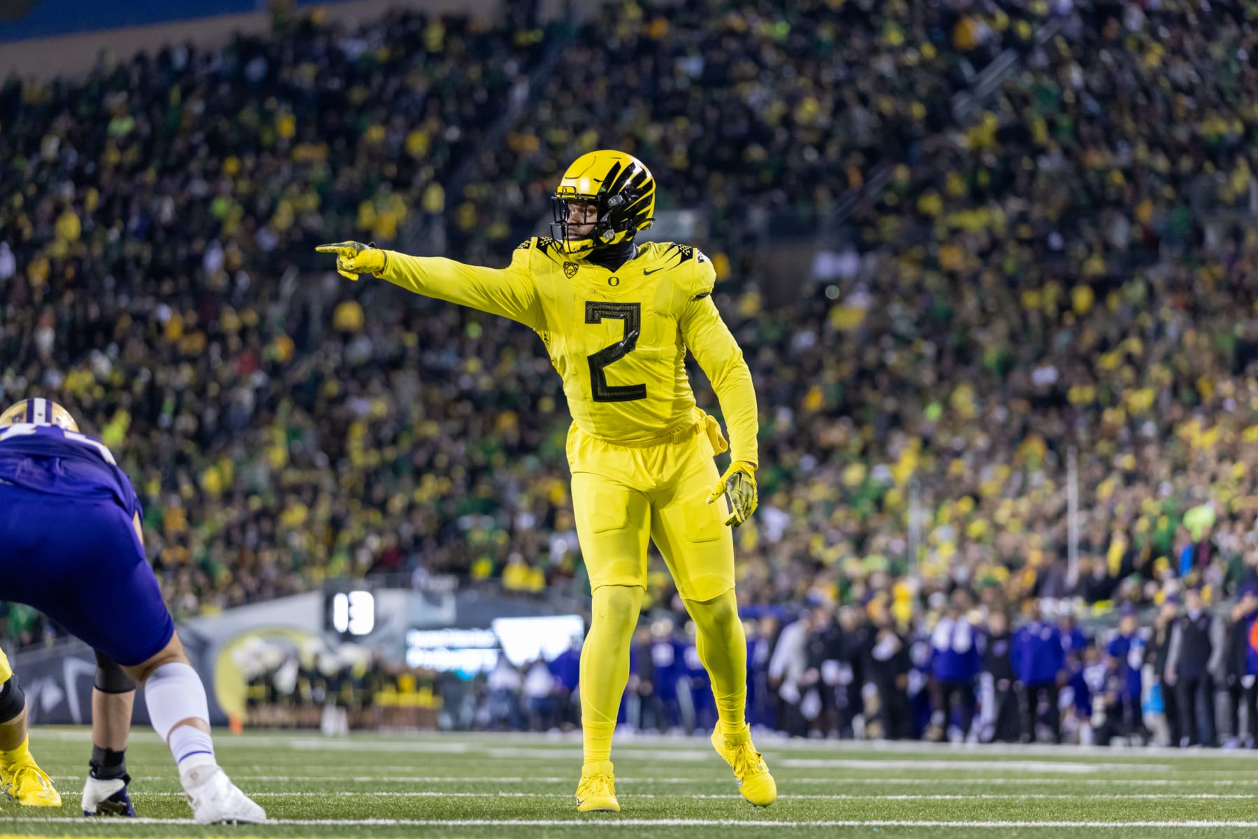 EUGENE, OR - NOVEMBER 12: Linebacker DJ Johnson #2 of the Oregon Ducks stands on the field against the Washington Huskies at Autzen Stadium on November 12, 2022 in Eugene, Oregon. (Photo by Tom Hauck/Getty Images)