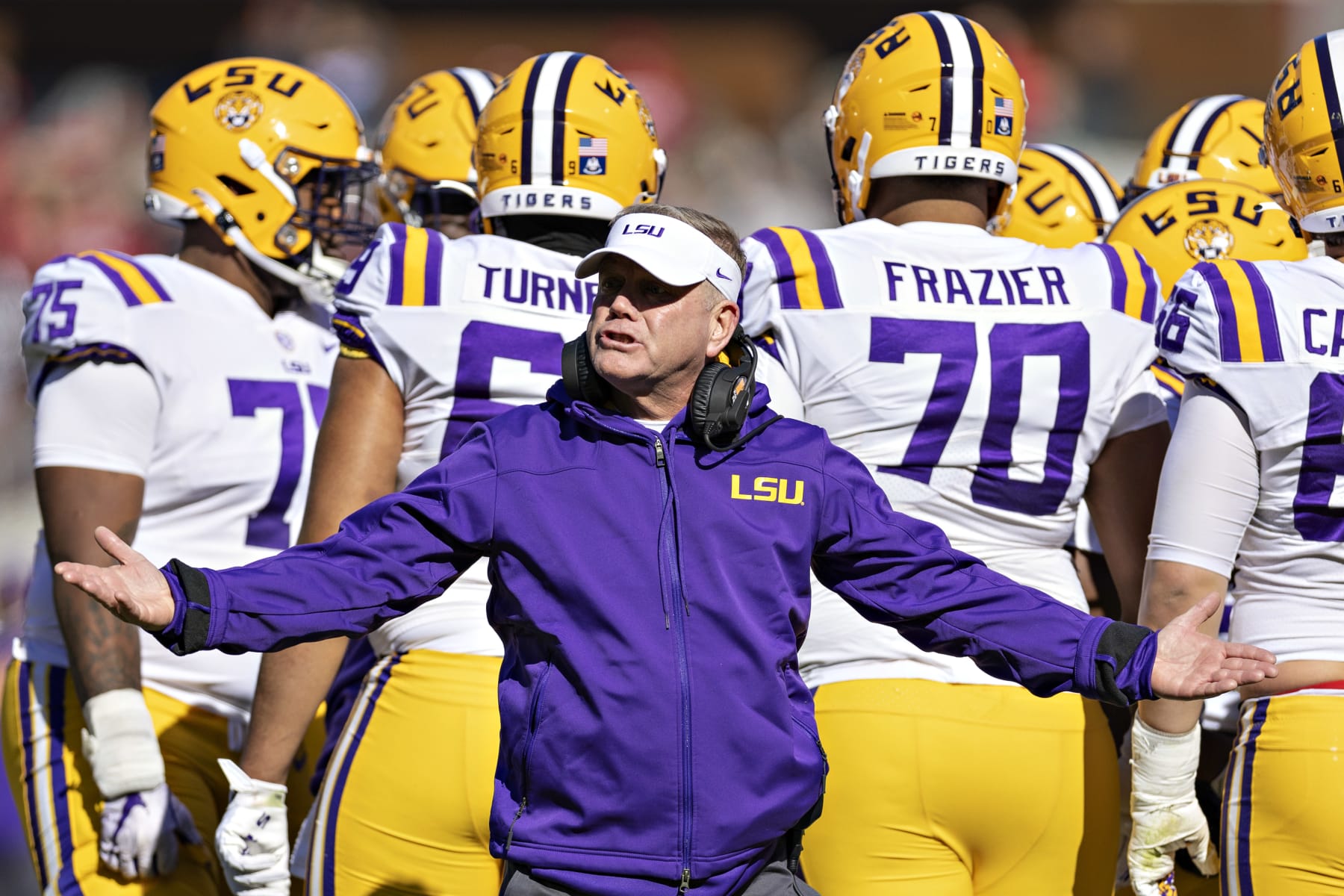 FAYETTEVILLE, ARKANSAS - NOVEMBER 12: Head Coach Brian Kelly of the LSU Tigers talks to the officials in the first half of a game against the Arkansas Razorbacks at Donald W. Reynolds Razorback Stadium on November 12, 2022 in Fayetteville, Arkansas. (Photo by Wesley Hitt/Getty Images)