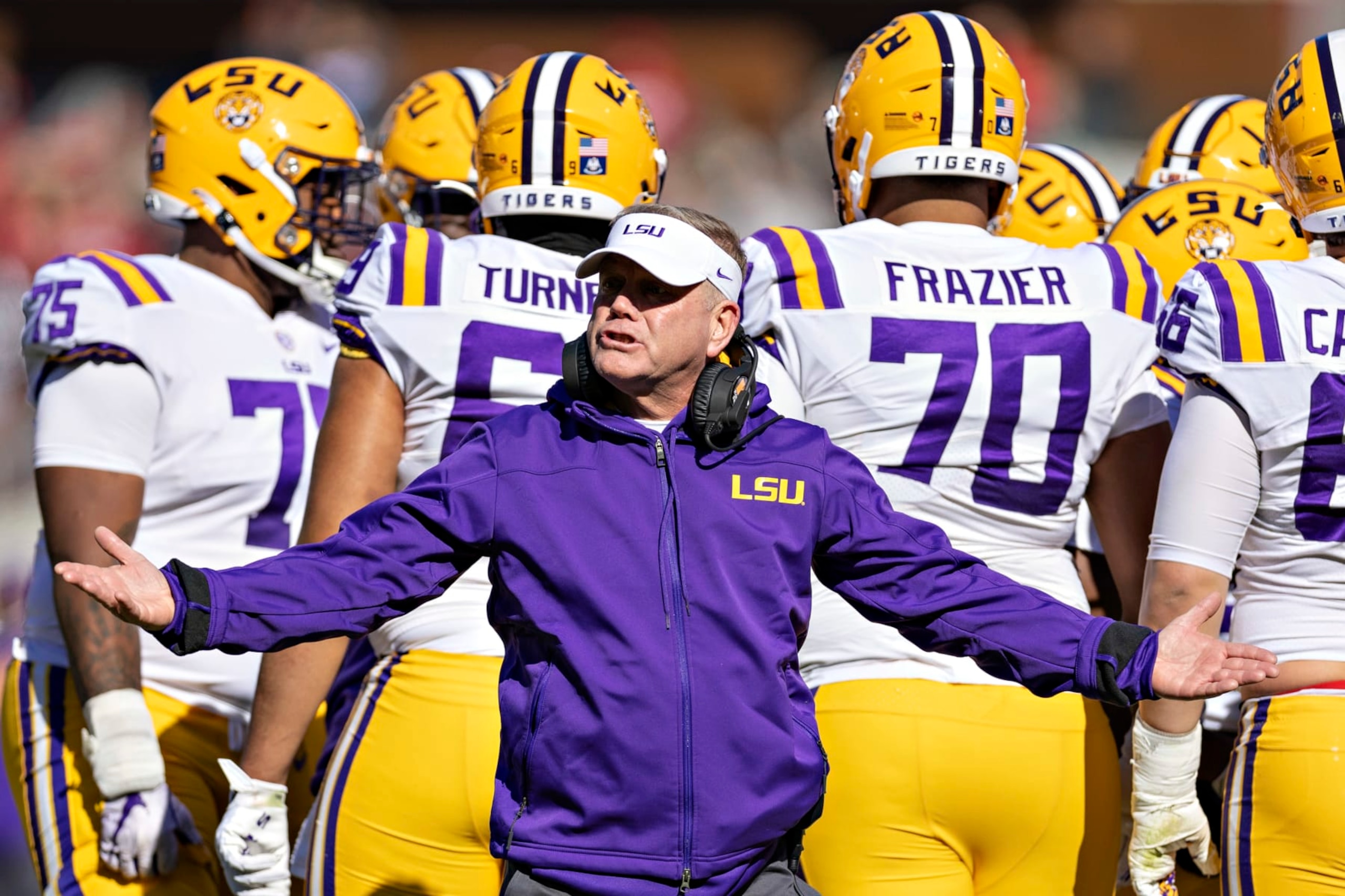 FAYETTEVILLE, ARKANSAS - NOVEMBER 12: Head Coach Brian Kelly of the LSU Tigers talks to the officials in the first half of a game against the Arkansas Razorbacks at Donald W. Reynolds Razorback Stadium on November 12, 2022 in Fayetteville, Arkansas. (Photo by Wesley Hitt/Getty Images)
