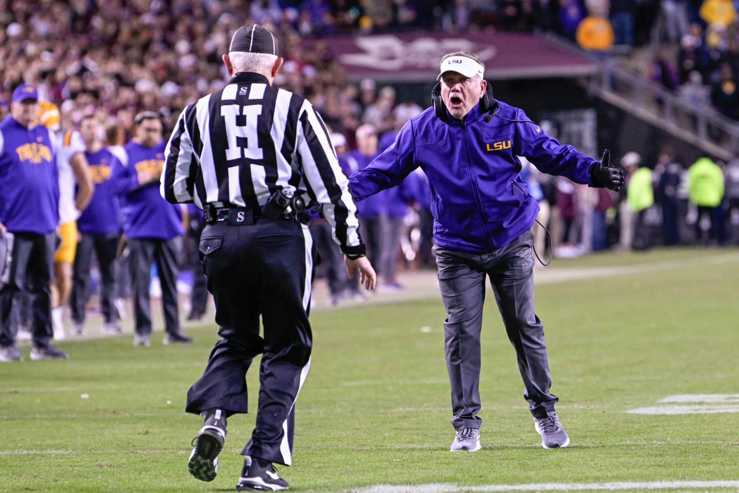 COLLEGE STATION, TX - NOVEMBER 26: LSU Tigers head coach Brian Kelly pleads his case with the official during late second half action during the football game between the LSU Tigers and Texas A&M Aggies at Kyle Field on November 26, 2022 in College Station, Texas. (Photo by Ken Murray/Icon Sportswire via Getty Images) COLLEGE STATION, TX - NOVEMBER 26: LSU Tigers head coach Brian Kelly pleads his case with the official during late second half action during the football game between the LSU Tigers and Texas A&M Aggies at Kyle Field on November 26, 2022 in College Station, Texas. (Photo by Ken Murray/Icon Sportswire via Getty Images)
