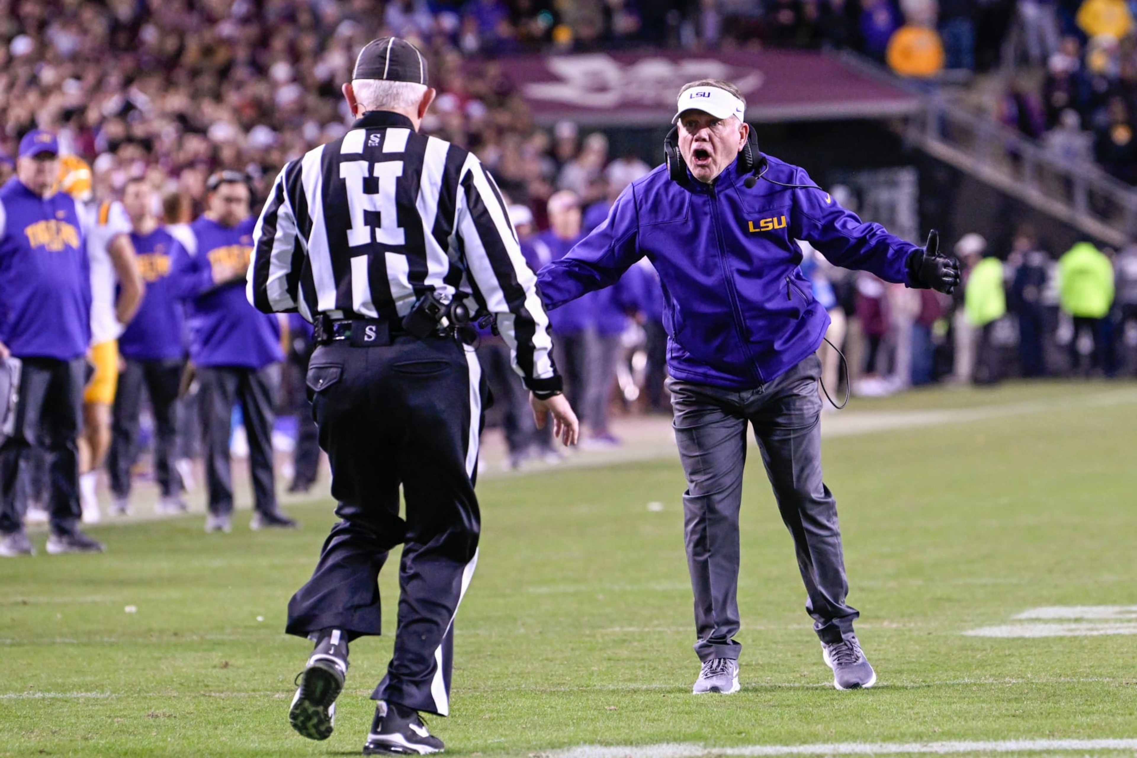 COLLEGE STATION, TX - NOVEMBER 26: LSU Tigers head coach Brian Kelly pleads his case with the official during late second half action during the football game between the LSU Tigers and Texas A&M Aggies at Kyle Field on November 26, 2022 in College Station, Texas. (Photo by Ken Murray/Icon Sportswire via Getty Images) COLLEGE STATION, TX - NOVEMBER 26: LSU Tigers head coach Brian Kelly pleads his case with the official during late second half action during the football game between the LSU Tigers and Texas A&M Aggies at Kyle Field on November 26, 2022 in College Station, Texas. (Photo by Ken Murray/Icon Sportswire via Getty Images)